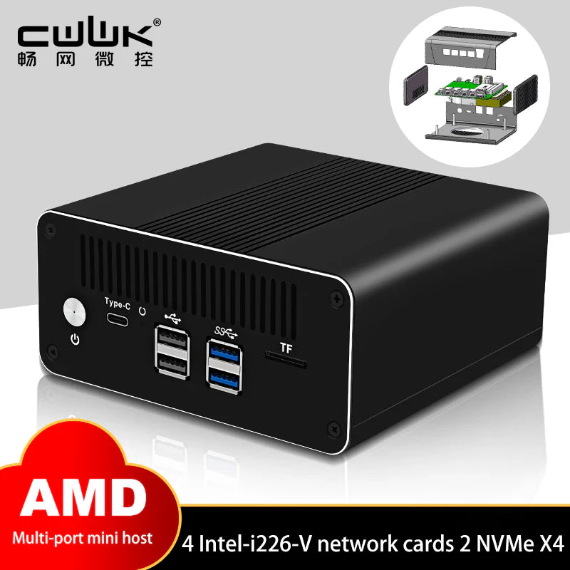 CWWK A4 Firewall Mini PC, AMD Ryzen R5-5500U/R7-5800U/R7-5825U 4x i226-V 2.5G LAN 8 GB RAM 128 GB NVMe SSD, Micro Firewall Appliance, OPNsense