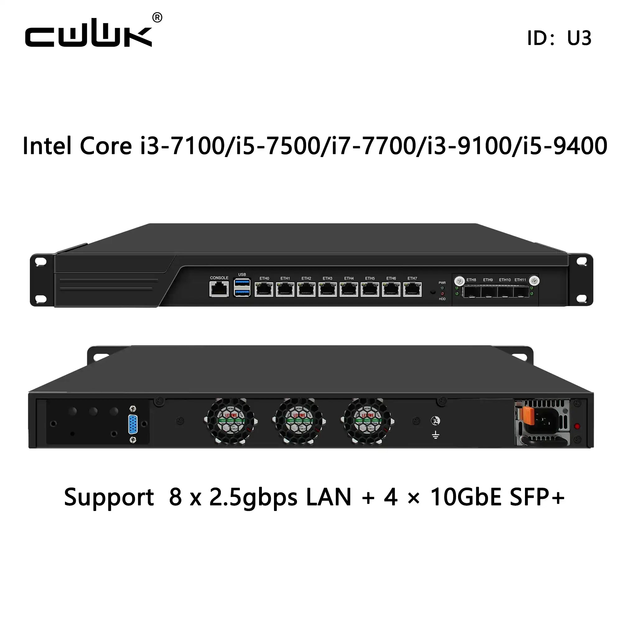 Network switch with specifications on a white background
