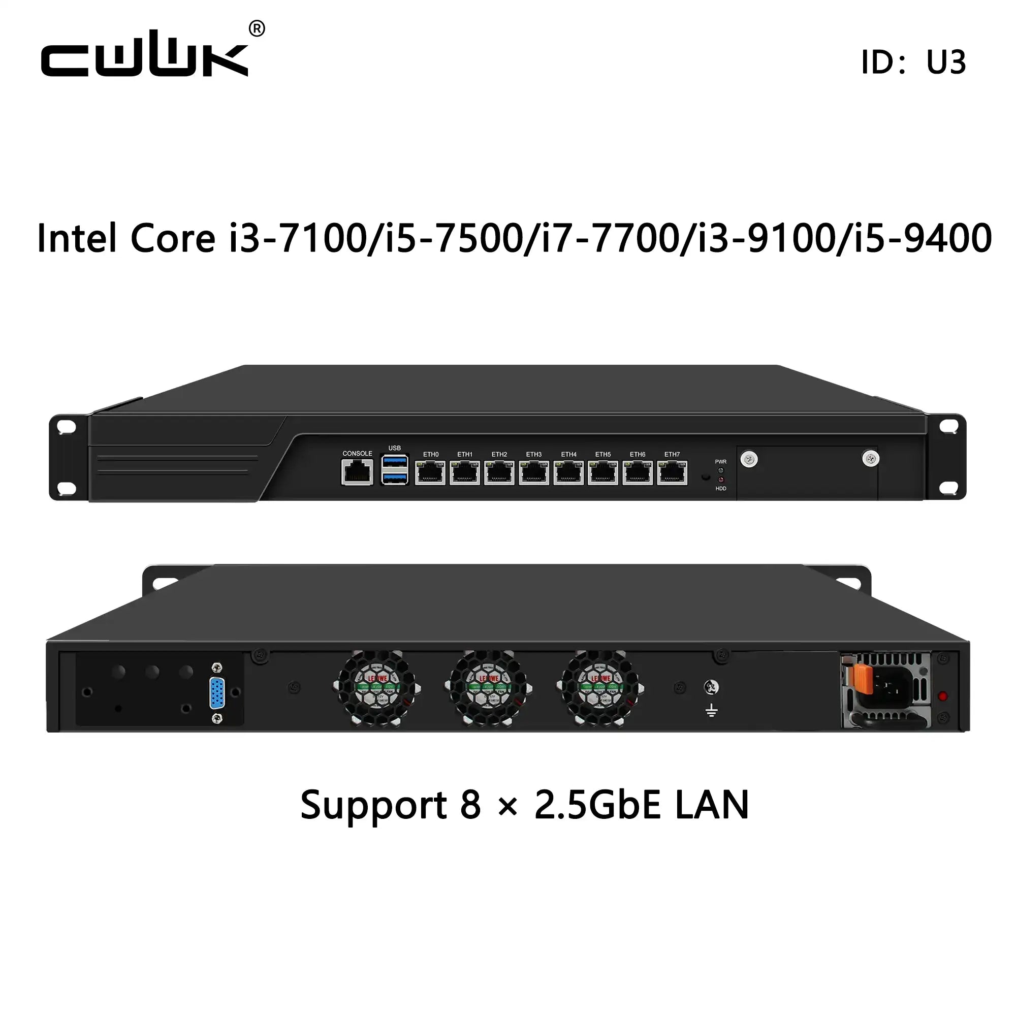 Network switch with Intel Core processors and 8 x 2.5GbE LAN support on a white background.