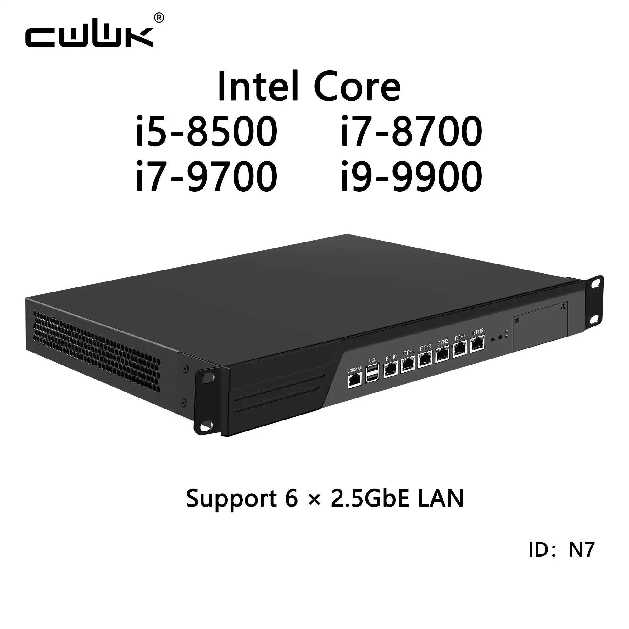 Black network switch with Intel Core processor options on a white background