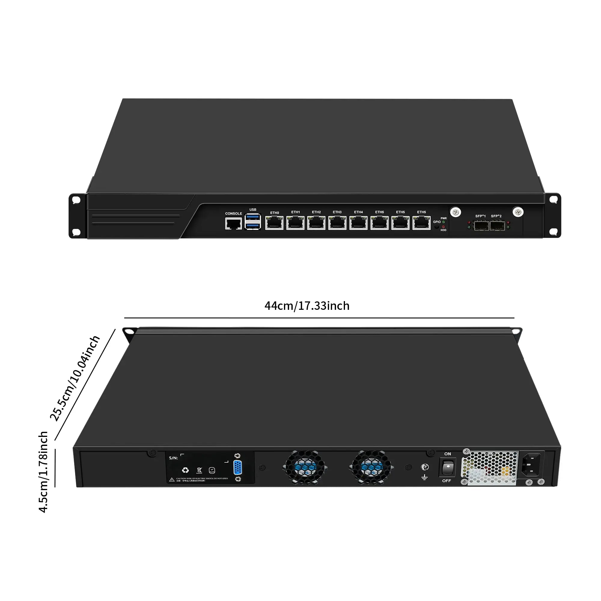 Rack-mounted server 1U product: C236, with an 8-port and 2-spf specification, measures 44cm in length, 25.5cm in width, and 4.5cm in height.