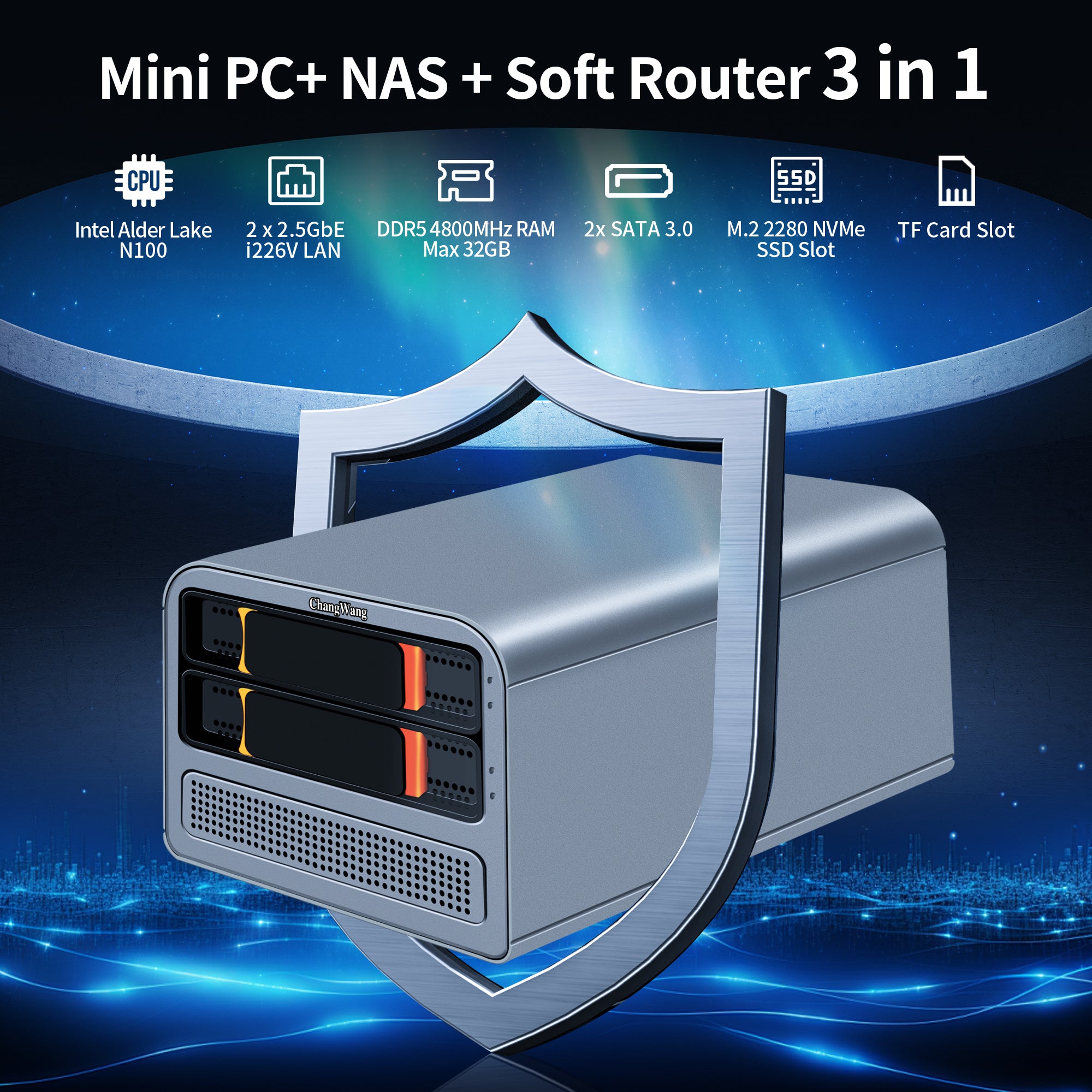 2 Bay N100/N305 Mini PC, Support Hot Swapping, Dual i226V 2.5GB LAN, Quad Core NAS Desktop Computer, 4K UHD,2USB3.2,SPK/MIC (Diskless) NAS (network-attached storage)