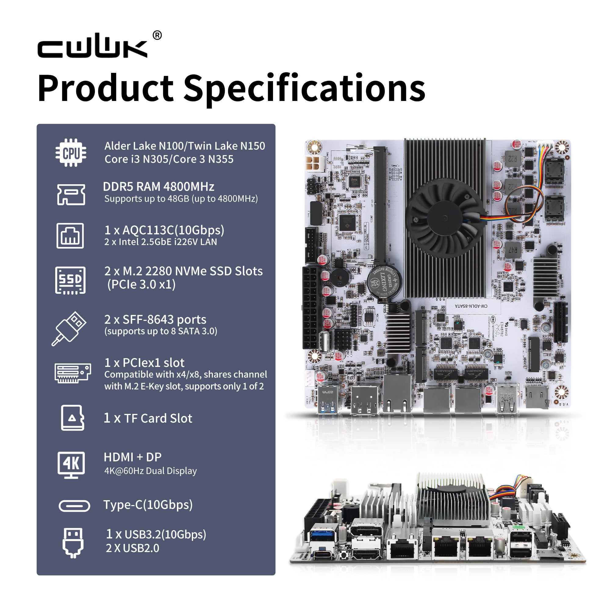 CWWK NAS Motherboard 8 Bay with 10GbE RJ45 LAN, N150/N355CPU Mini ITX PC Motherboard White M8 (N100 Upgrade), 2 x NVMe, Dual 2.5Gb Ethernet, M.2 WiFi, USB-C, DDR5 , PCIe x1, TF (Optional 2X 4-SATA Cable)