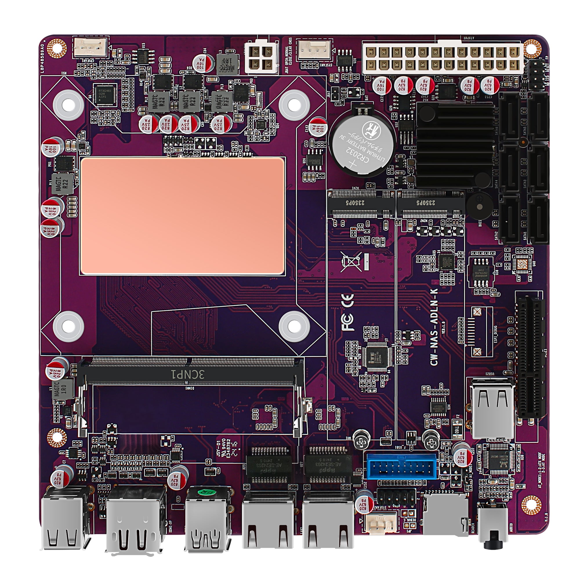 CWWK S13 N100 NAS Mainboard 6 Bay, 2 x i226-V 2.5GbE LAN Mini ITX Motherboard with 6× SATA3.0, DDR5 Computer motherboards with 2x M.2 NVMe, DDR5 RAM SSD, TF Card Slot, PCIE x4, Purple