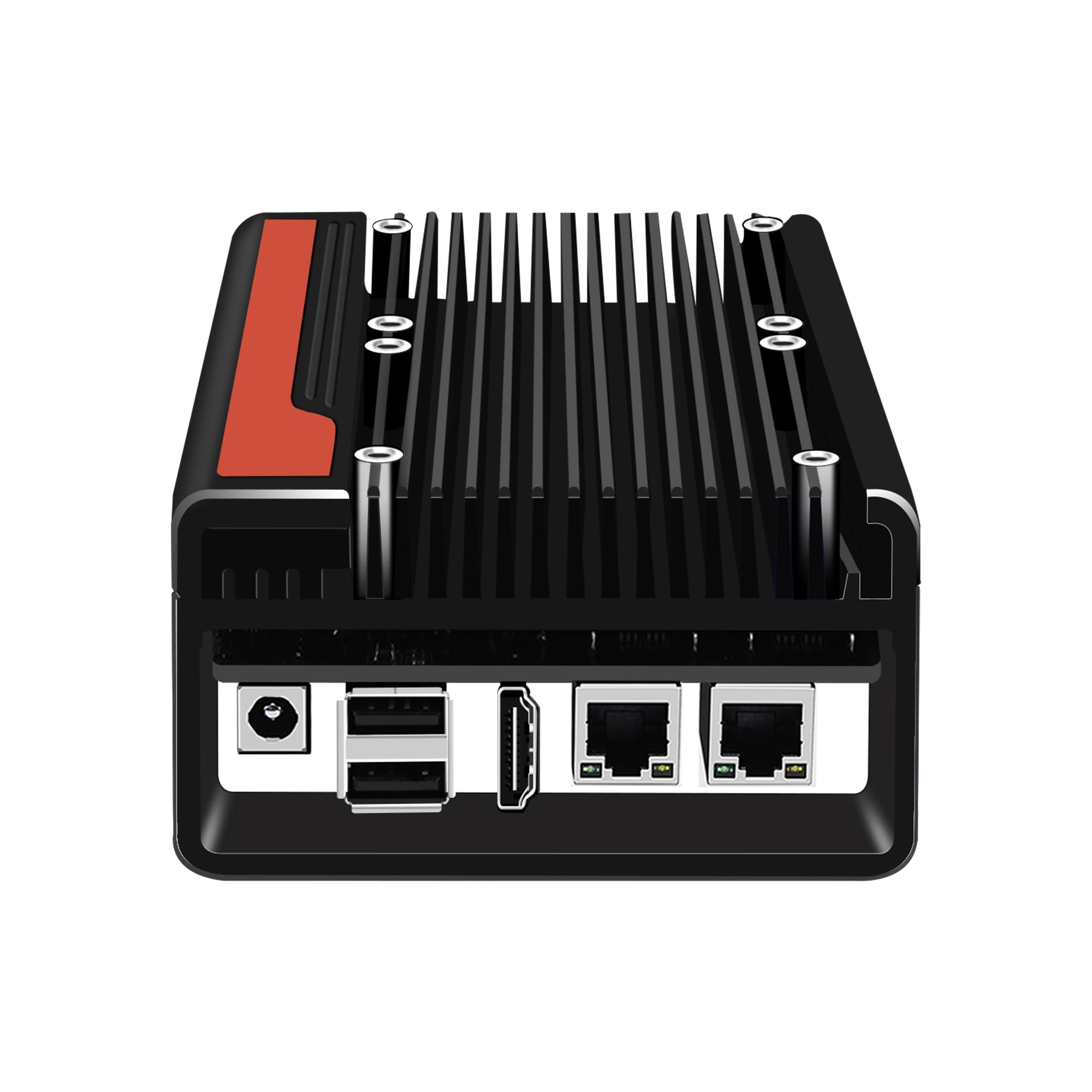 Black electronic device with ports on a white background