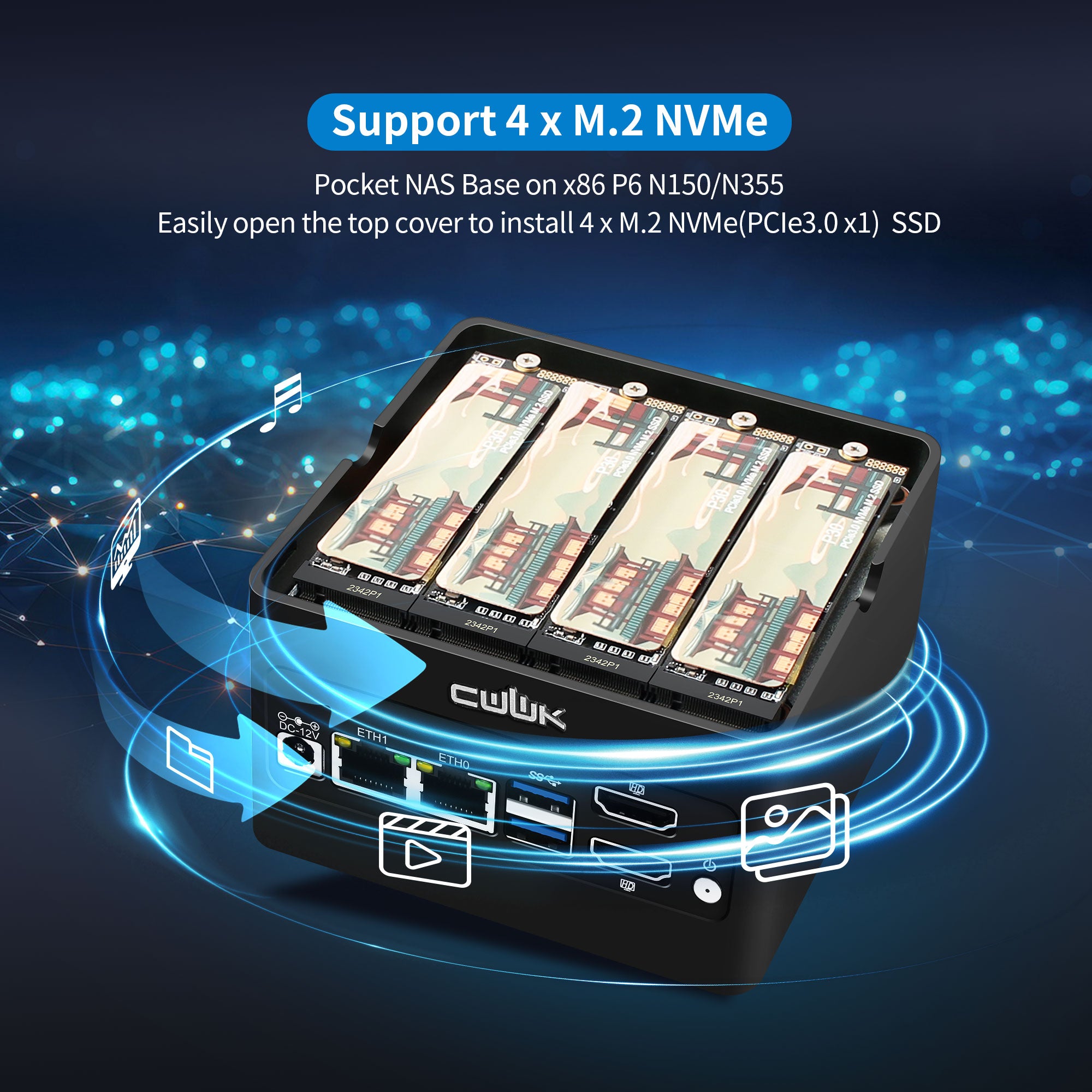 CWWK X86-P6 N150/N355 Mini PC NAS , 4 x M.2 NVMe X86-P6 Mini Desktop Computer with 2 x i226-V 2.5GbE LAN, DDR5 Micro PC , 2-Display, WiFi7/BT5.4 Expandable