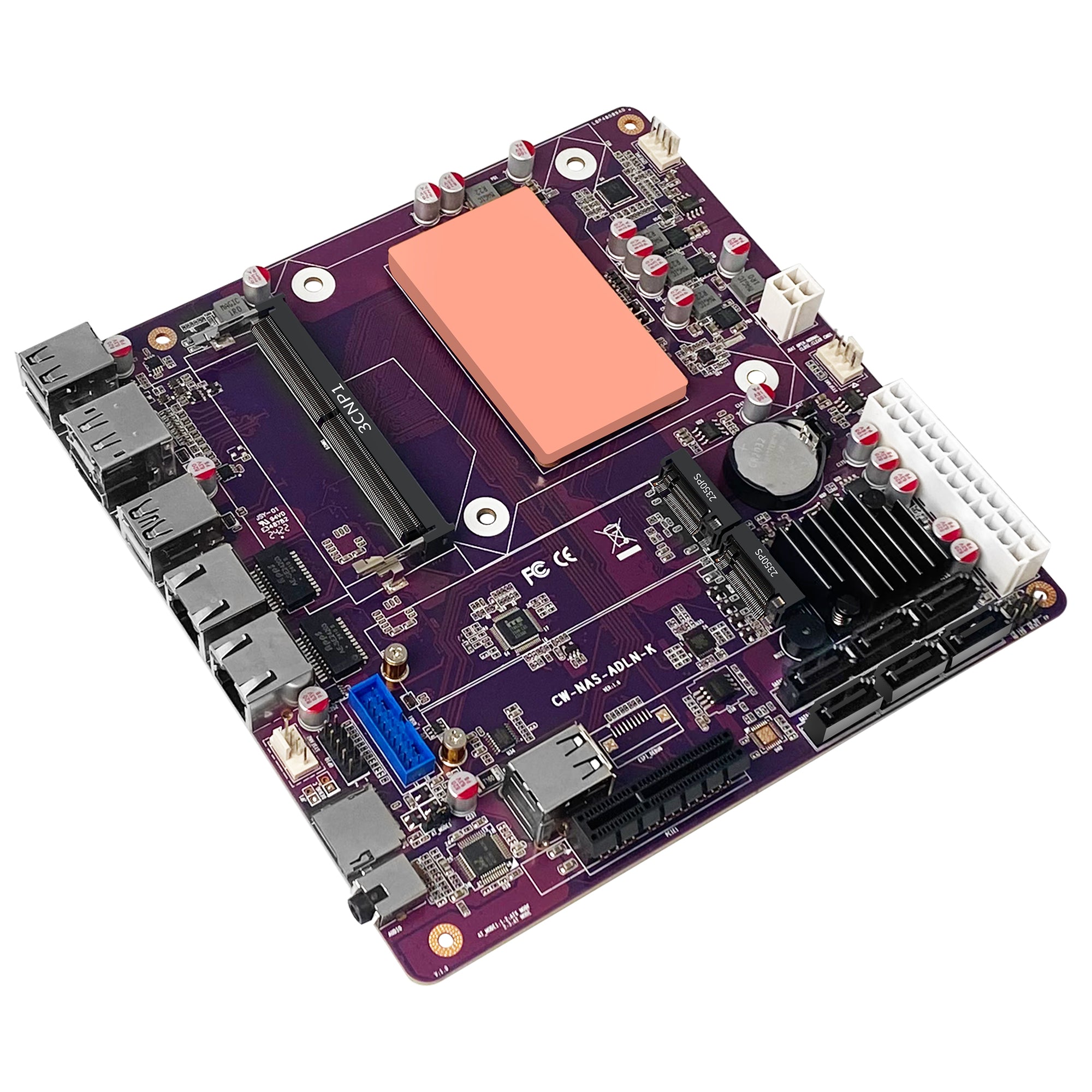 CWWK S13 N100 NAS Mainboard 6 Bay, 2 x i226-V 2.5GbE LAN Mini ITX Motherboard with 6× SATA3.0, DDR5 Computer motherboards with 2x M.2 NVMe, DDR5 RAM SSD, TF Card Slot, PCIE x4, Purple