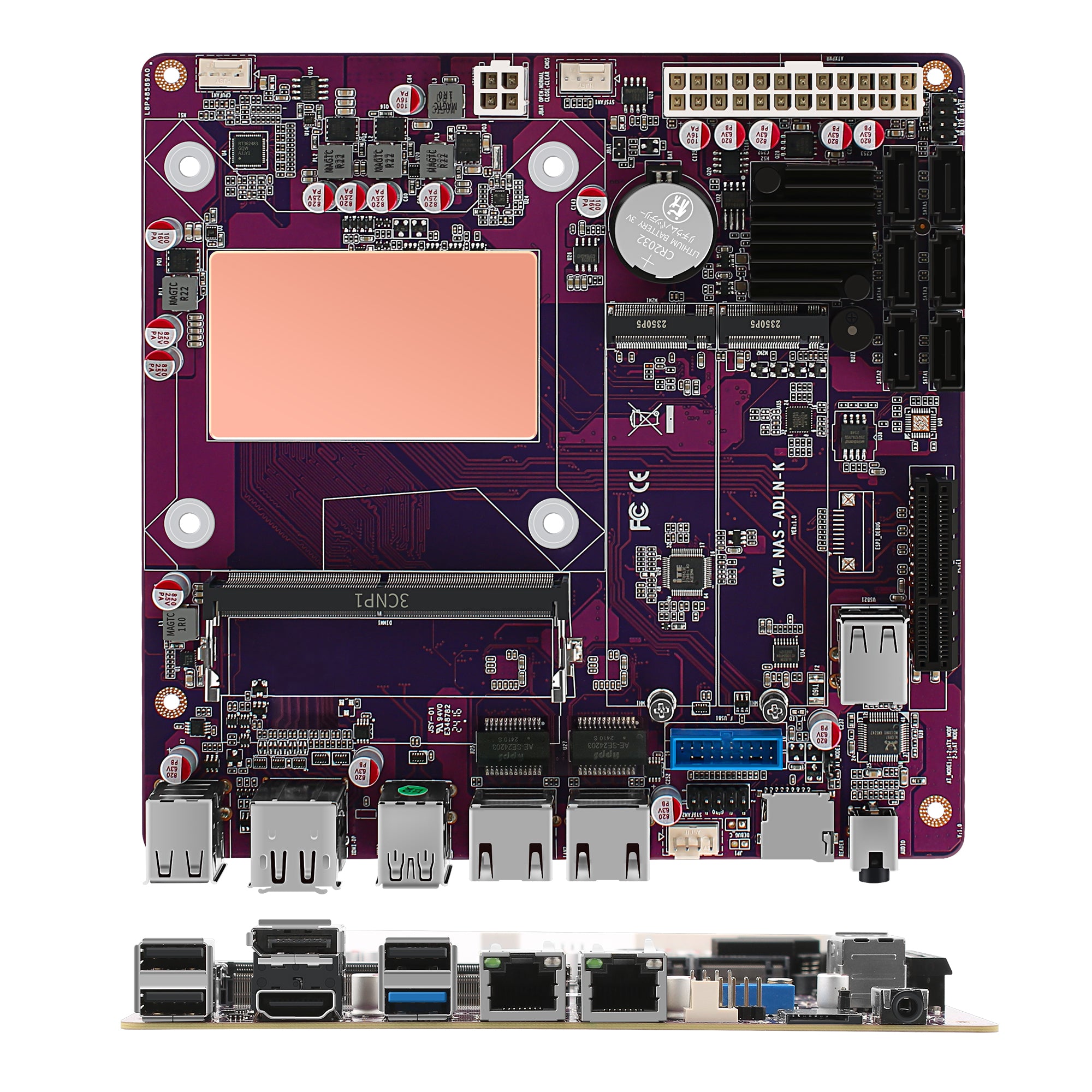 CWWK S13 N100 NAS Mainboard 6 Bay, 2 x i226-V 2.5GbE LAN Mini ITX Motherboard with 6× SATA3.0, DDR5 Computer motherboards with 2x M.2 NVMe, DDR5 RAM SSD, TF Card Slot, PCIE x4, Purple
