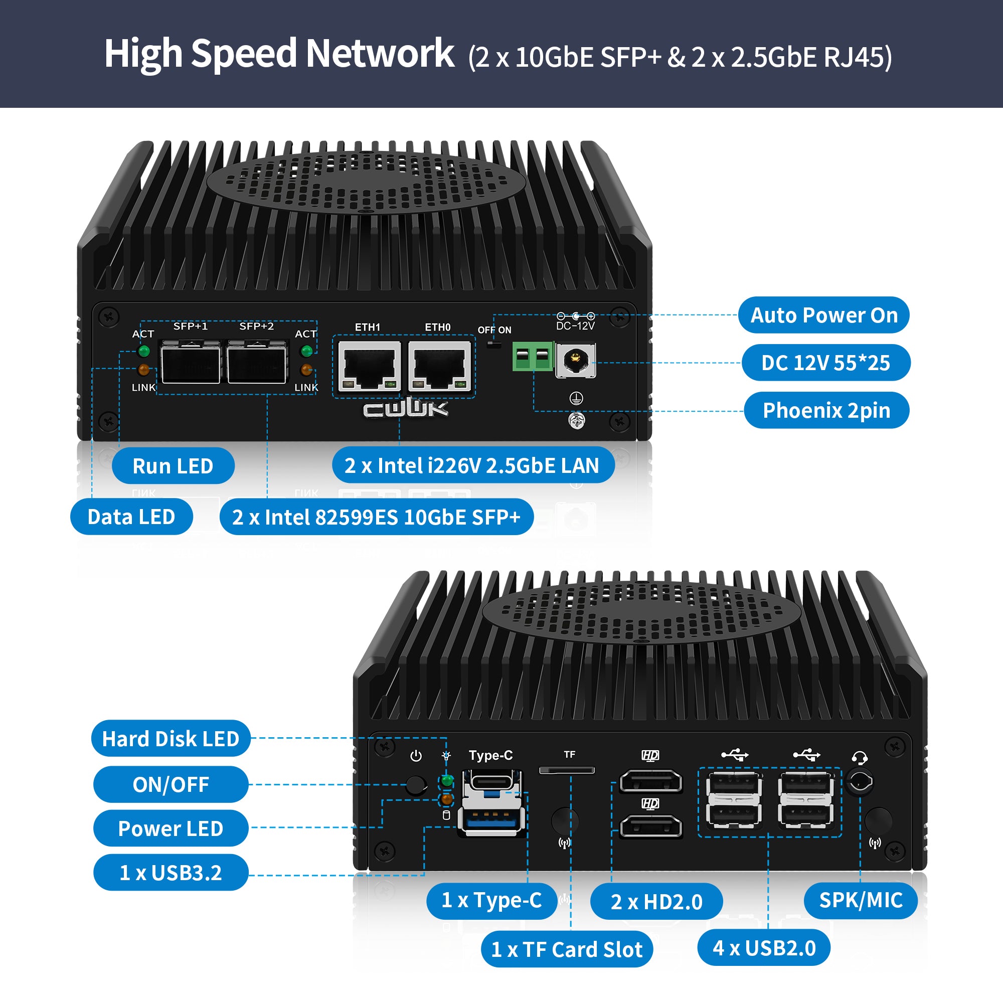CWWK S3 Mini PC Firewall Hardware for Opnsense Pfsense,Softer Router Intel N150 N100 N305 N355 Dual Nic 2 10Gbe SFP+,2 Port i226V 2.5Gbe Lan