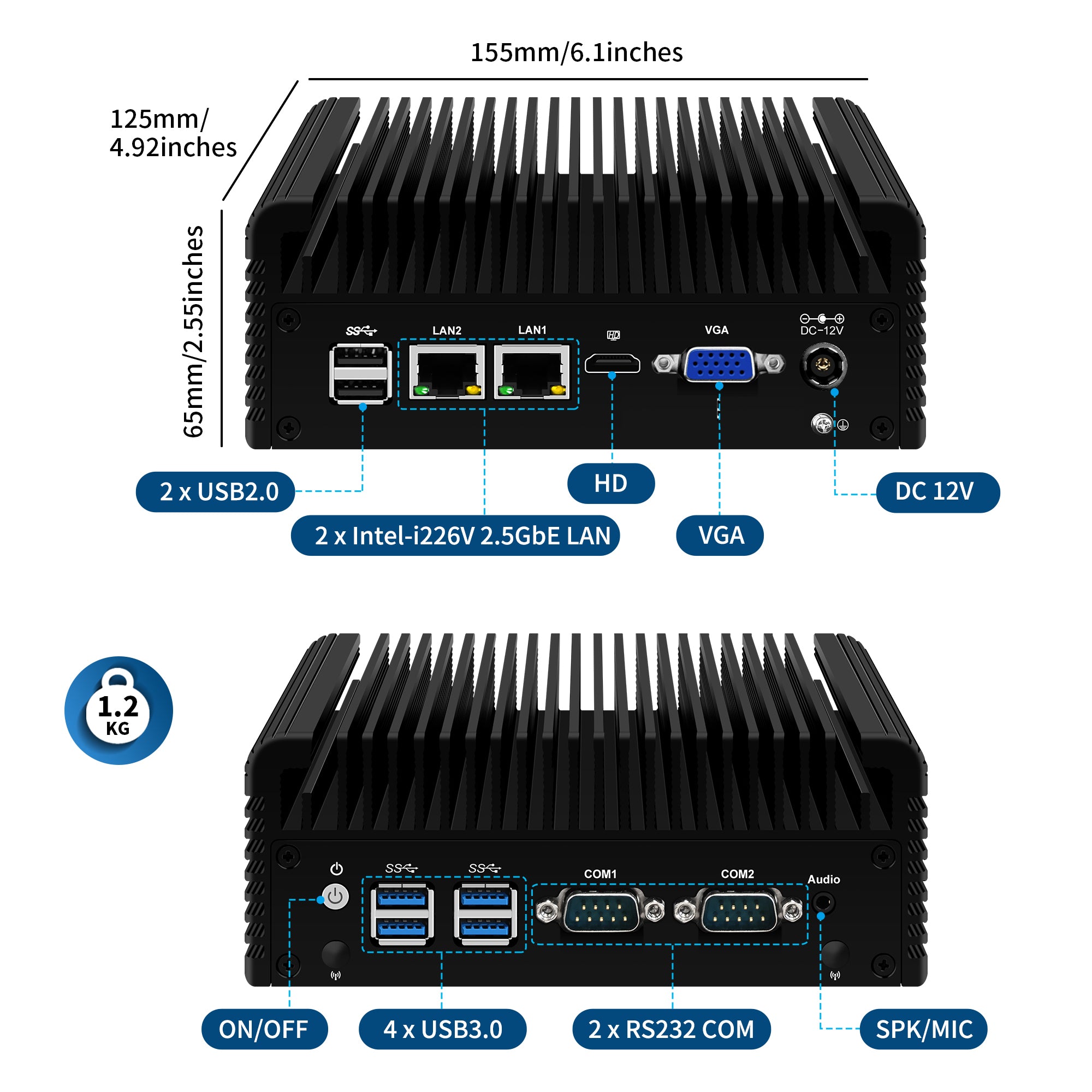 CWWK F20 Industrial PC, Fanless Mini PC N5105/N5200, Dual 2.5GbE i226V LAN, 2 × COM RS232,Mini Desktop Computer, DDR4 8GB RAM 128GB NVMe SSD