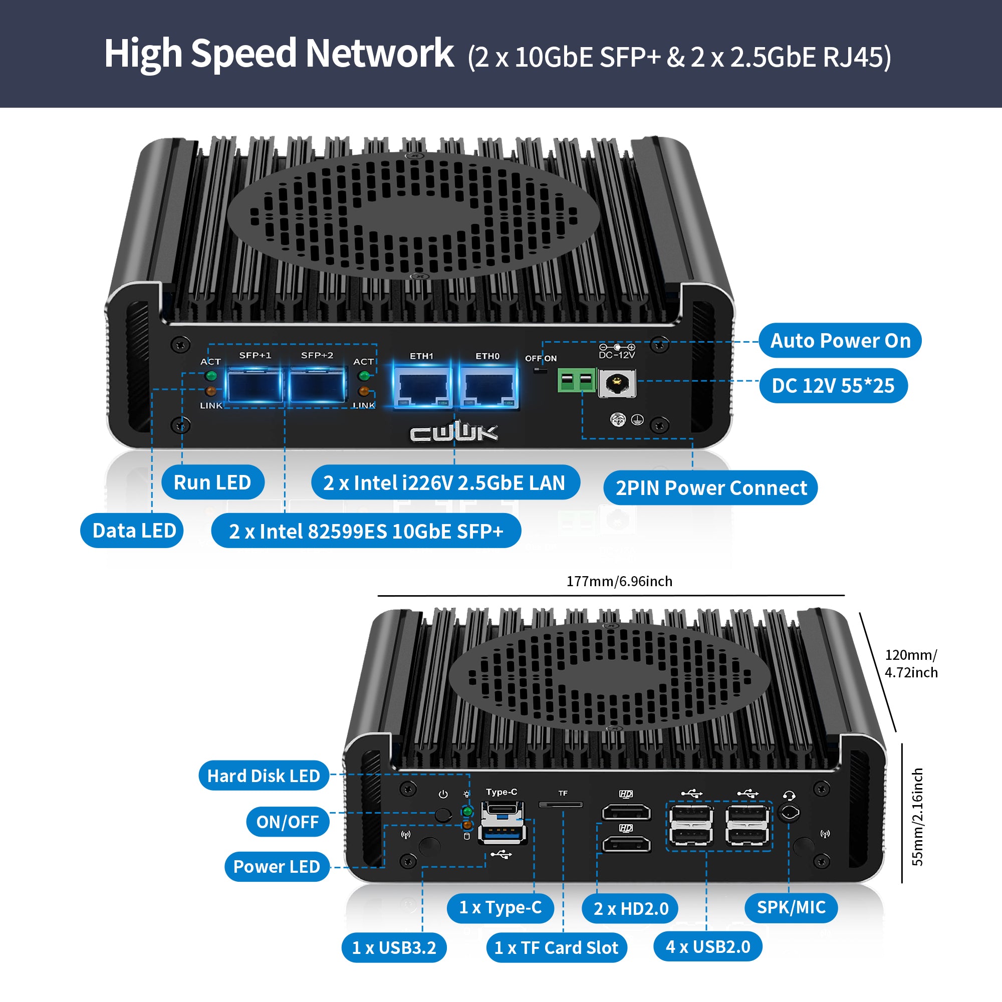 CWWK S1 N150 N355 Mini PC Firewall Appliance, 2 x 10GbE SFP+ Mini Computer with 2 x i226-V 2.5GbE LAN, OPNsense Micro PC, Dual 4K Display, USB-C, TF, AES-NI