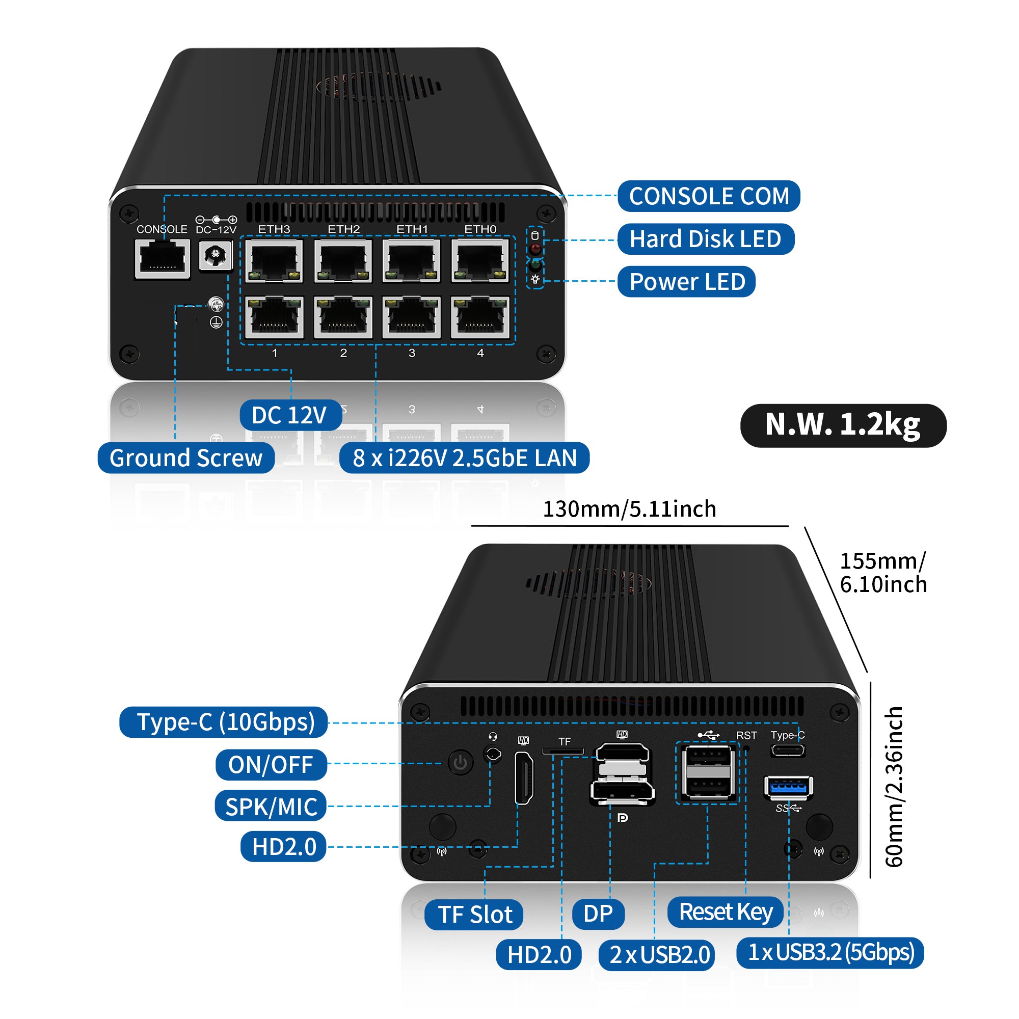 CWWK F8 Mini PC Firewall Micro Appliance, 8 Port i226V 2.5GbE LAN,Core i3 N305 OPNsense Router HardwarB RAM 128GB NVMe SSDe,3 Display DDR5 8G