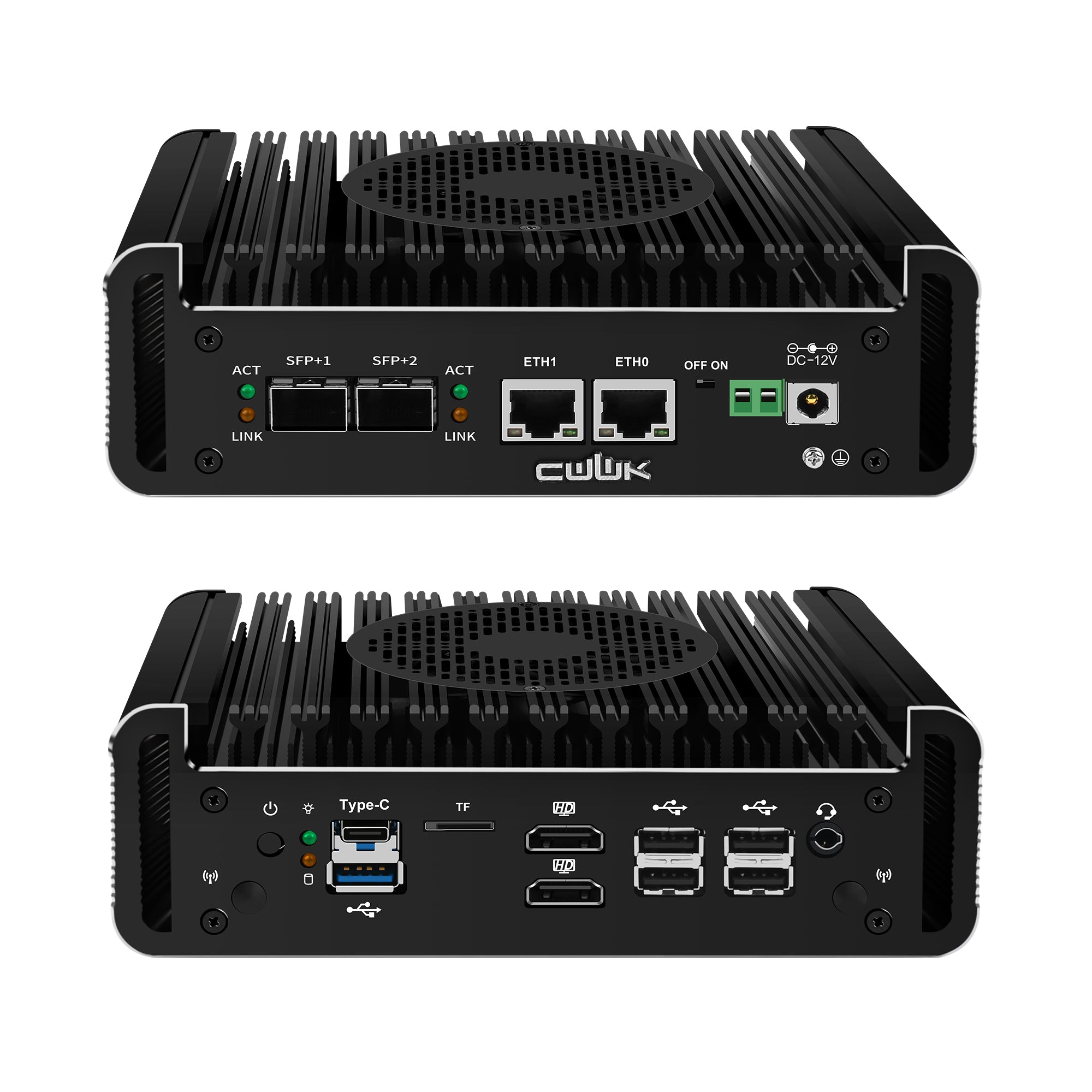 CWWK S1 N150 N355 Mini PC Firewall Appliance, 2 x 10GbE SFP+ Mini Computer with 2 x i226-V 2.5GbE LAN, OPNsense Micro PC, Dual 4K Display, USB-C, TF, AES-NI