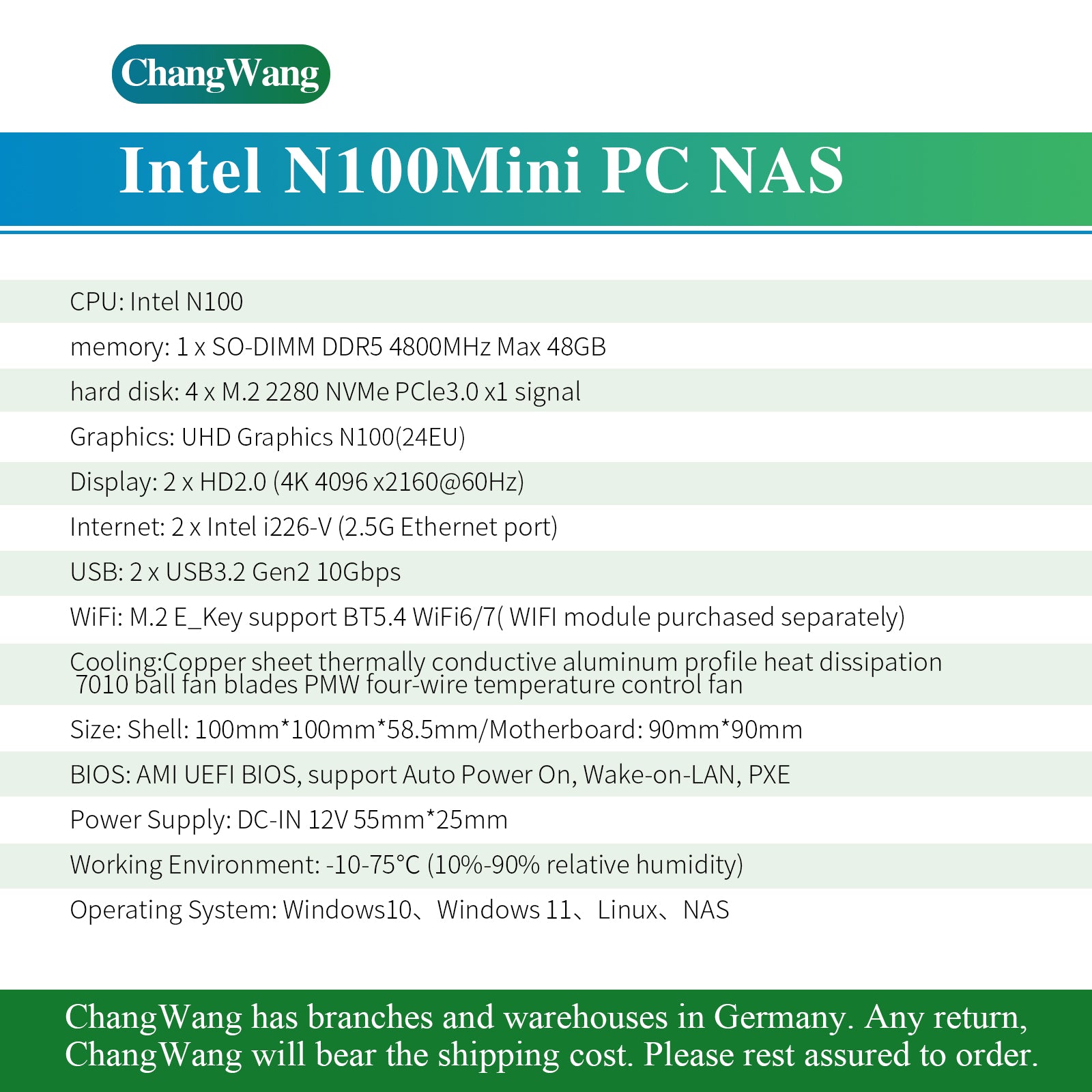 CWWK 4 Bay NAS Mini PC N100, 4 x NVMe Micro Computer Network-attached Storage (NAS) Hardware, Dual i226-V 2.5GbE LAN Small NAS PC with USB3.2, DDR5 8GB RAM 128GB SSD