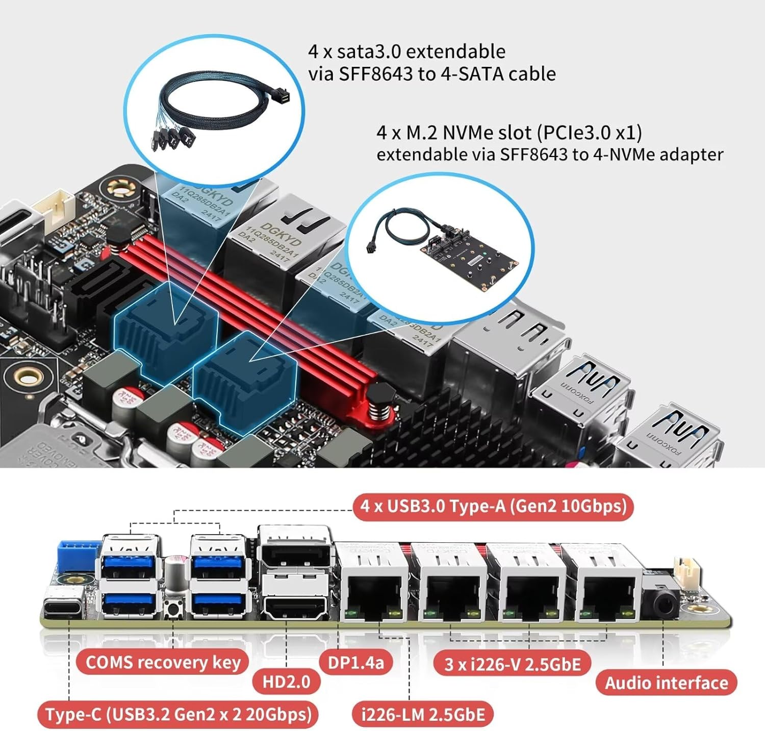 CWWK Q670 LGA 1700 NAS Mainboard 6 Bay, 4 x i226 2.5GbE LAN Mini ITX Motherboard with 6× SATA3.0, 6× NVMe PC Motherboards with 2x DDR5, Barebone, vPro, PCIe x16 (without CPU,with Adapters)