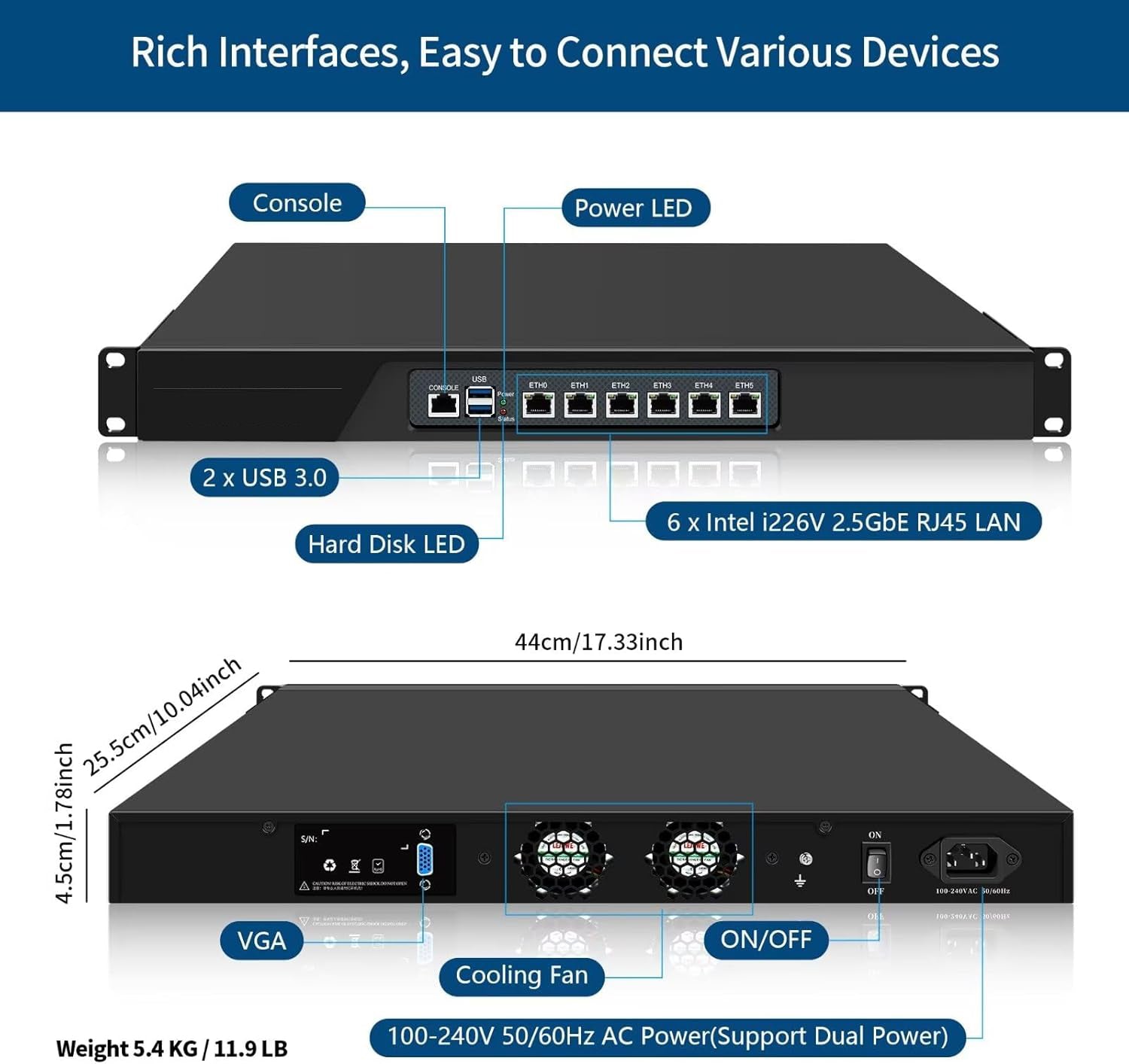 CWWK N13 1U Firewall Appliance N305, 6x i226V 2.5GbE LAN Firewall Hardware VPN Router PC, DDR5 OPNsense Hardware 19”Rackmount for Homelab Server with VGA, SIM, Barebone, Support ODM