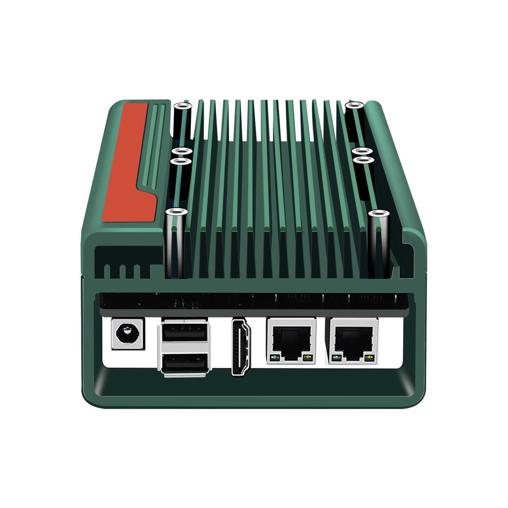 Green electronic device with cooling fins and ports on a white background