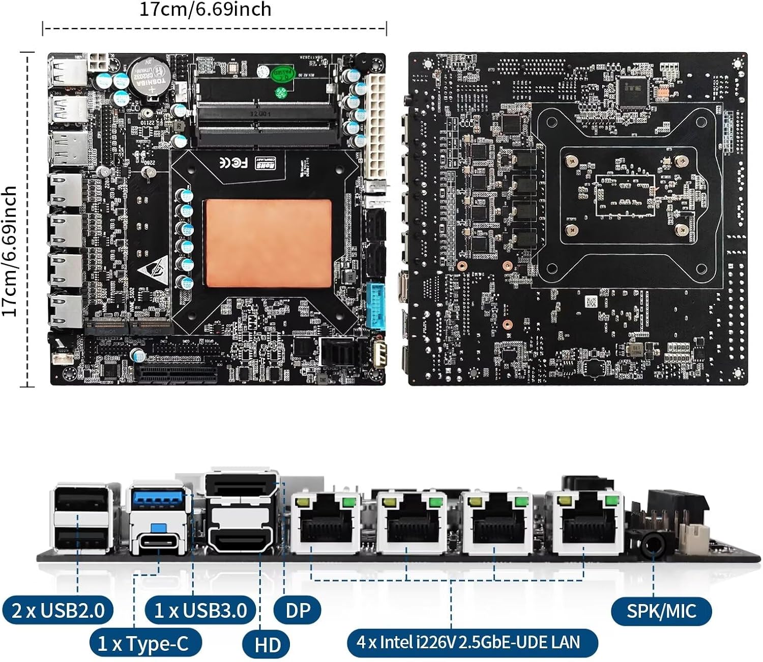 CWWK i7 NAS Motherboard Industrial, 6 Bay, Core i7-1165G7, Mini Itx, 4 × I226V 2.5GbE LAN, DDR4 8GB RAM 128GB NVMe SSD(PCIe3.0×2), 1 × SFF-8643, PCIE×4, DP + HD + Type-C(4K@60Hz)