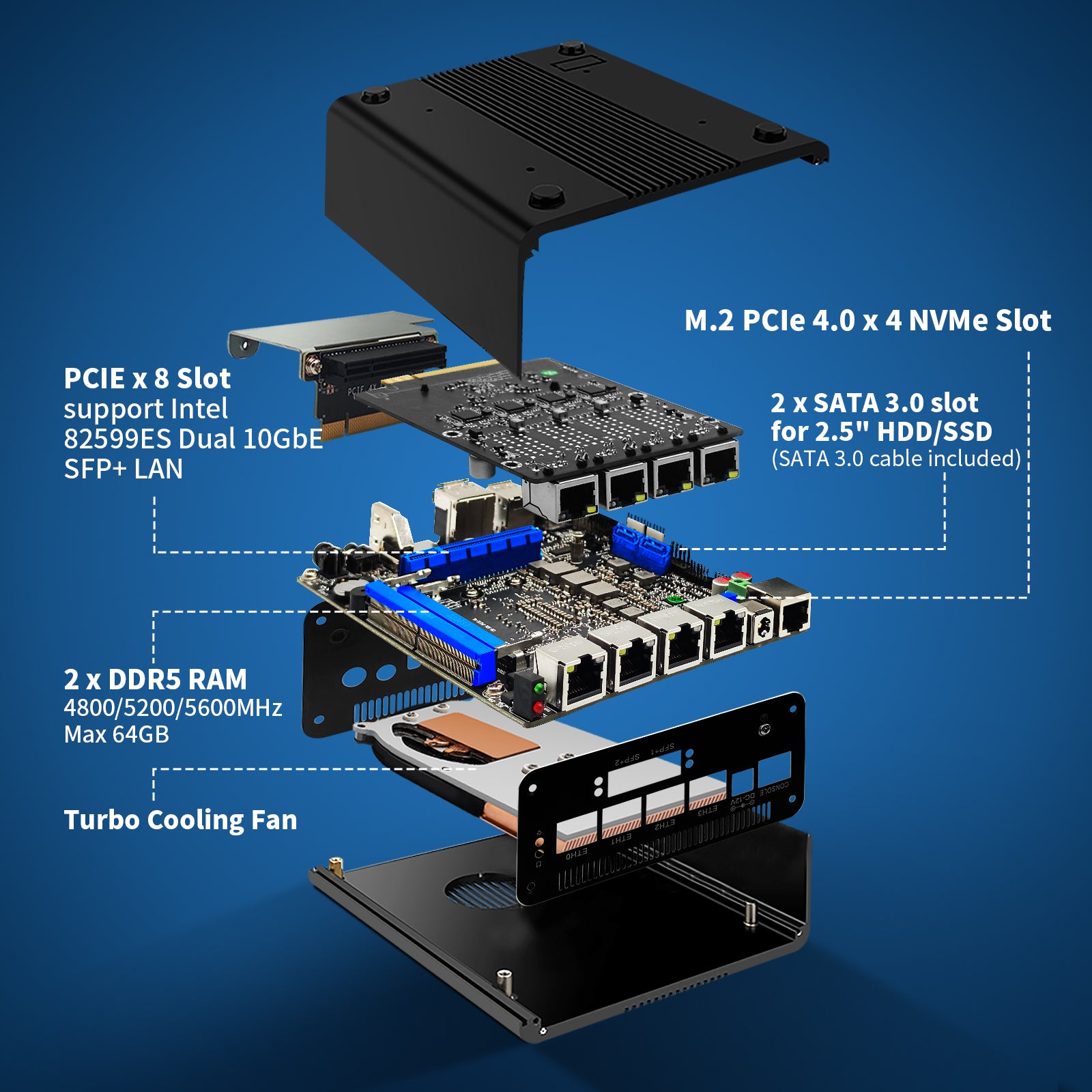 CWWK F8 Mini PC Firewall Micro Appliance, 8 Port i226V 2.5GbE LAN,Core i3 N305 OPNsense Router HardwarB RAM 128GB NVMe SSDe,3 Display DDR5 8G