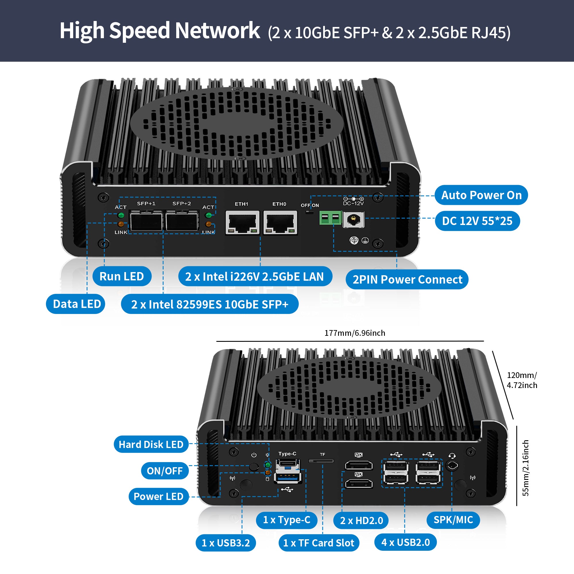 CWWK S1 Mini PC Firewall Hardware for Opnsense Pfsense,Softer Router Intel N150 N100 N305 N355 Dual Nic 2 10Gbe SFP+,2 Port i226V 2.5Gbe Lan