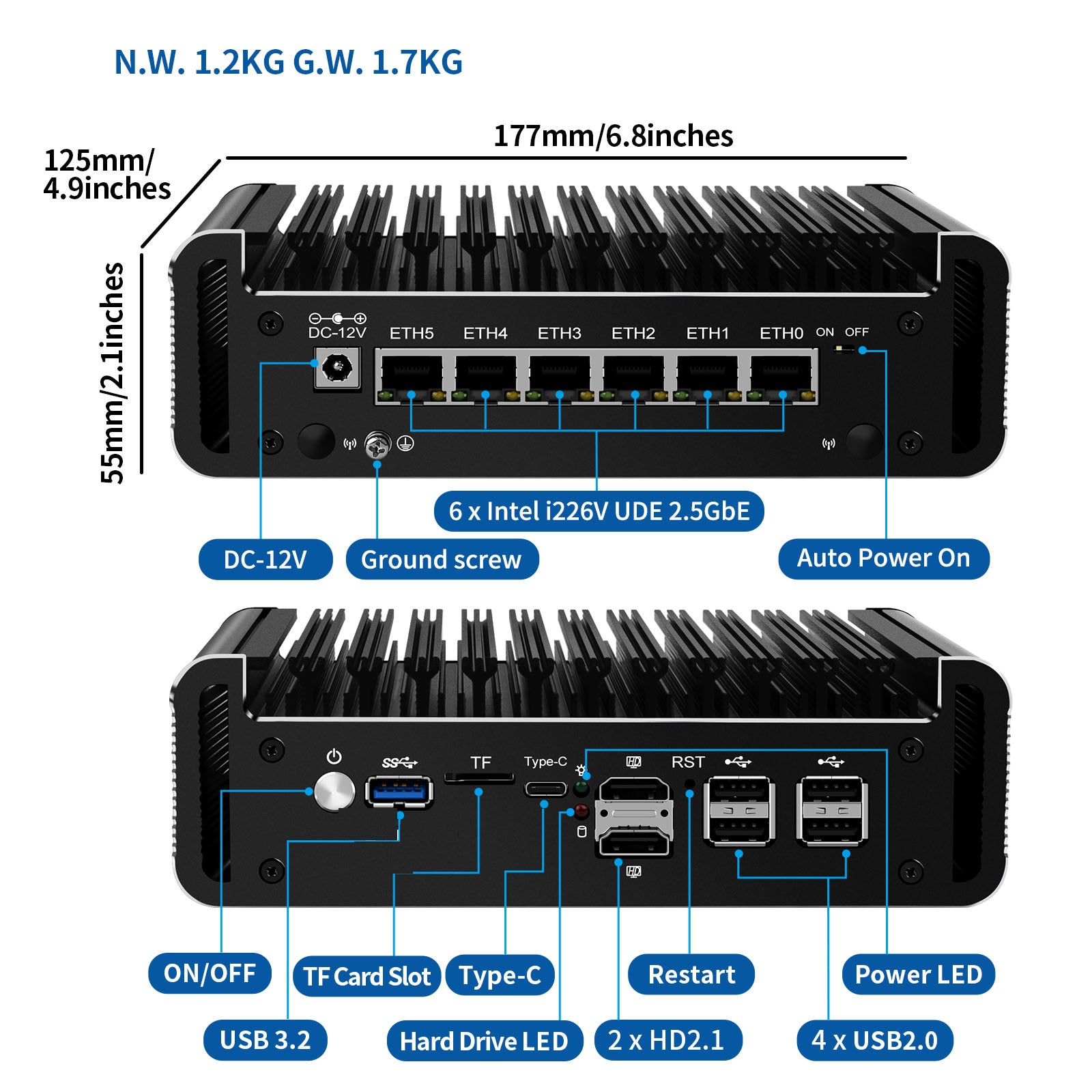 CWWK F19 Firewall Mini PC, Core i3 N305, 6 × 2.5GbE i226V LAN Ports,OPNsense Fanless Router PC, Mini Desktop Computer, DDR5 8GB RAM 128GB NVMe SSD