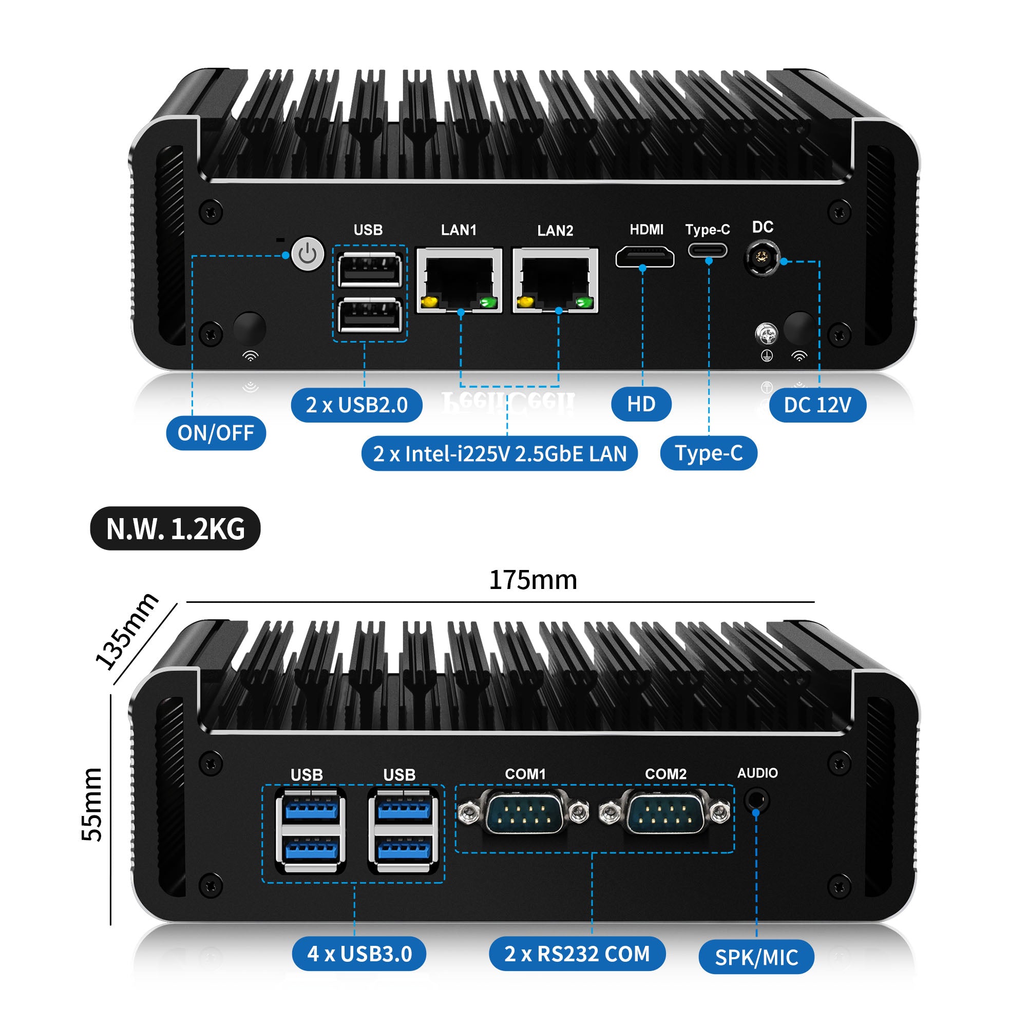 CWWK DY2 Industrial PC,Fanless Mini PC N5105 , 2 X 2.5GbE i226V LAN, 2 × COM RS232, WIFI/BT/SIM, Mini Desktop Computer, DDR4 8GB RAM 128GB NVMe SSD,