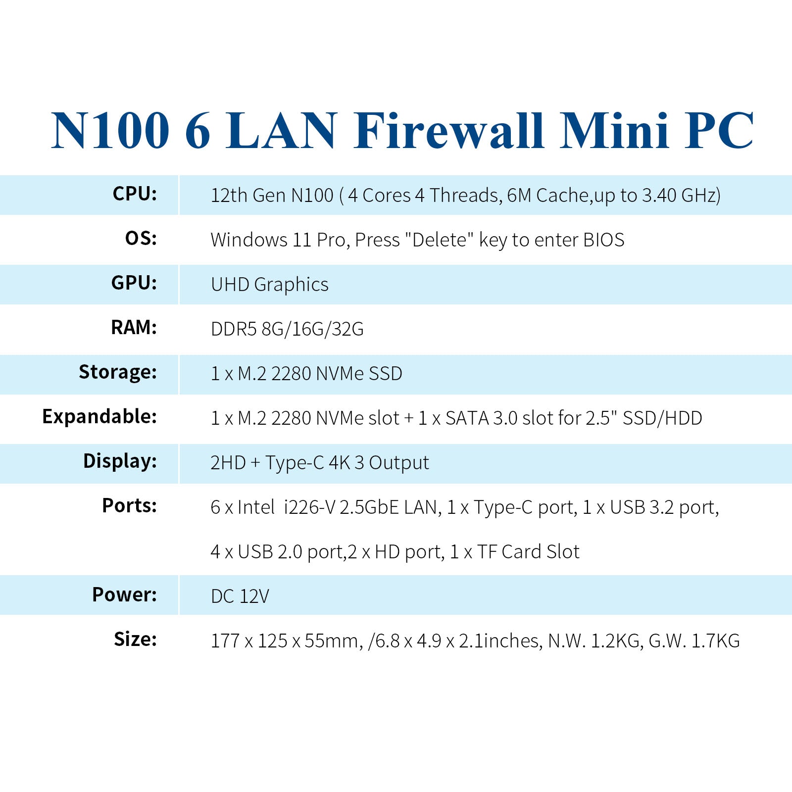 CWWK F19 Firewall Mini PC, Core i3 N305, 6 × 2.5GbE i226V LAN Ports,OPNsense Fanless Router PC, Mini Desktop Computer, DDR5 8GB RAM 128GB NVMe SSD
