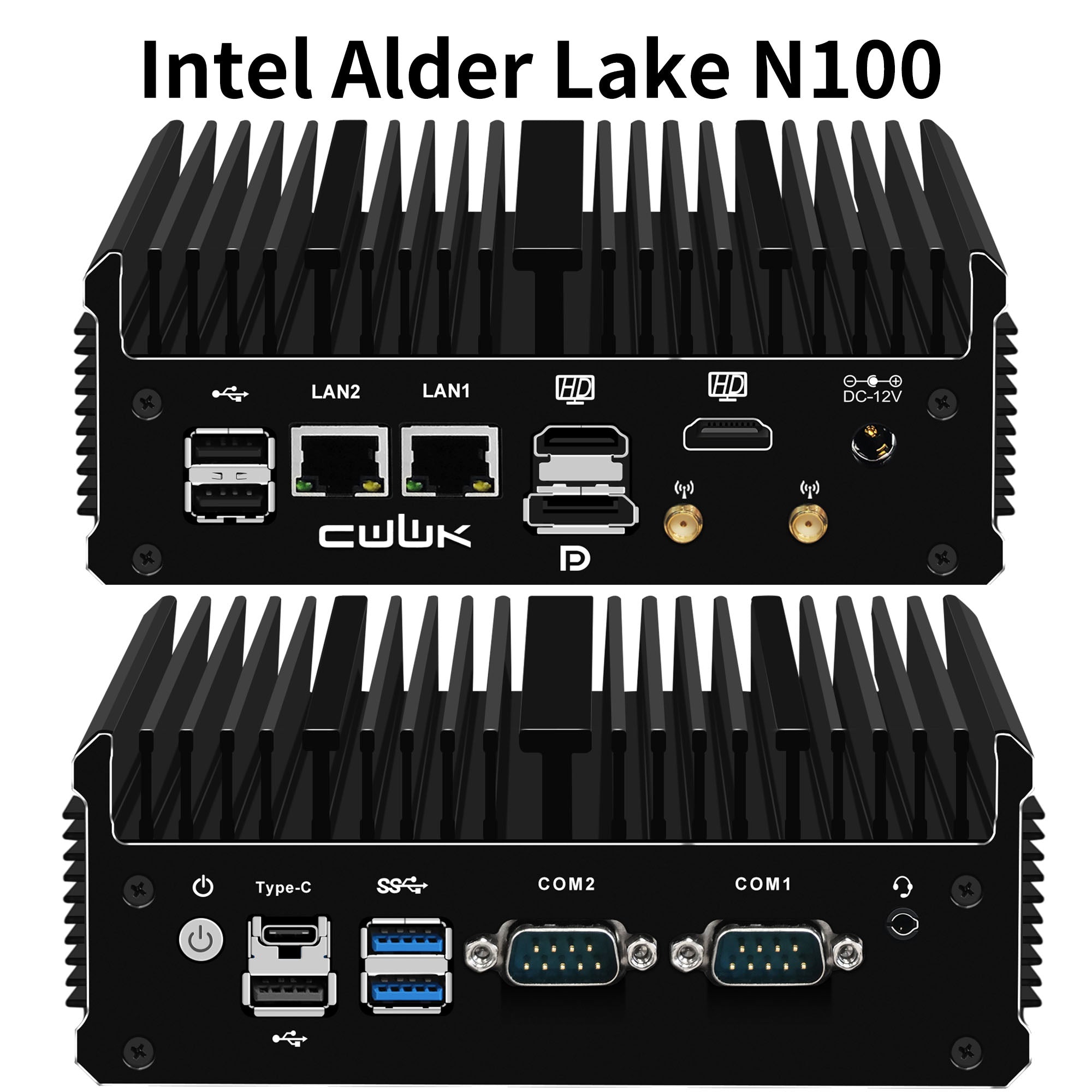 CWWK C1 Industrial PC, Fanless Mini PC, N100 2 × 2.5GbE i226V LAN Port, 2 × COM RS232, Support WIFI/BT, Fanless Desktop Computer, DDR4 8GB RAM 128GB NVMe SSD, Windows 11 Pro