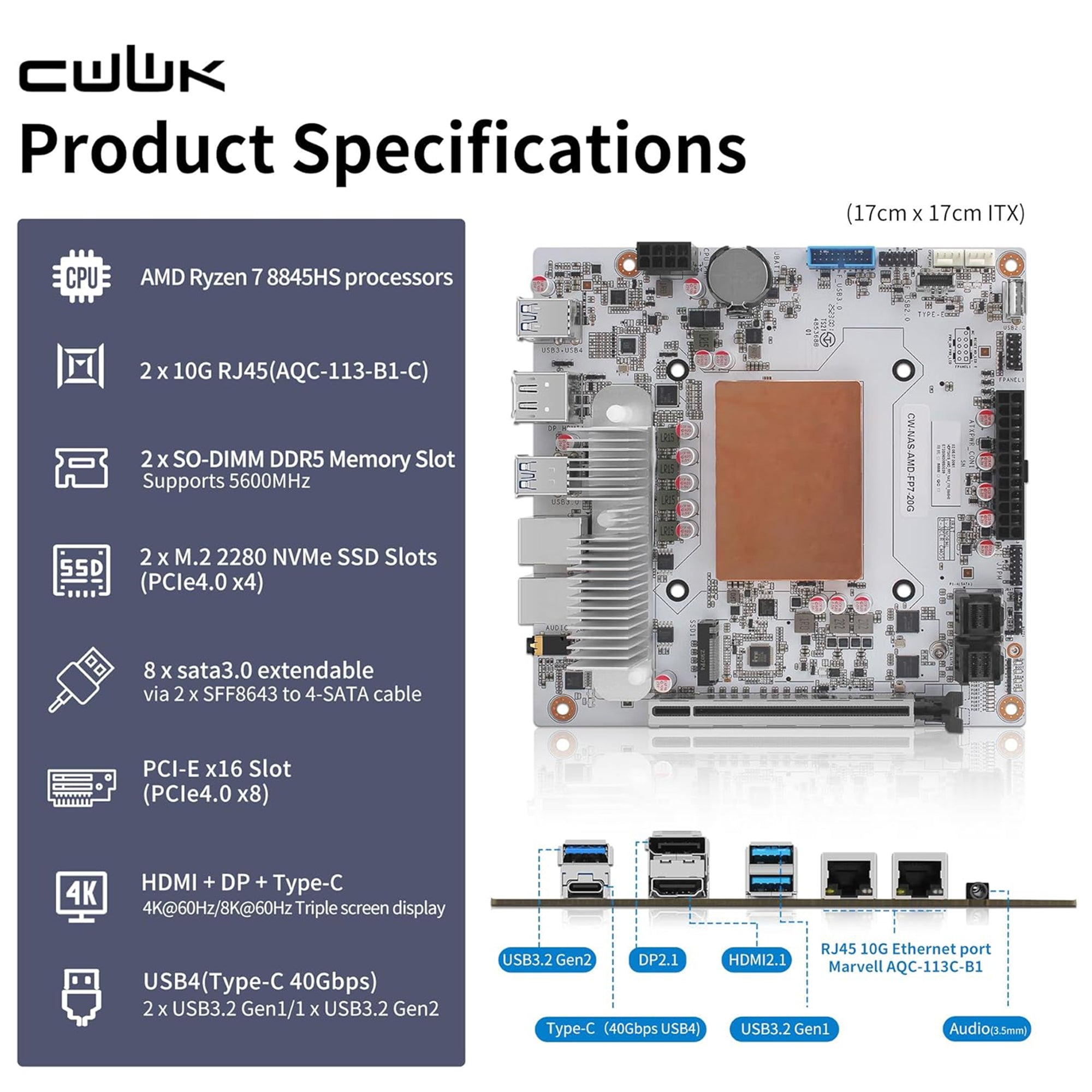 CWWK N7 NAS Motherboard 8 Bay with 2 x 10GbE RJ45 LAN, Ryzen 7 8845HS CPU Mini ITX White PC Mainboard, 2 x NVMe PCIe4.0 x4, USB4 40Gbps, DDR5 32GB RAM 1TB SSD, PCIe x16 Slot
