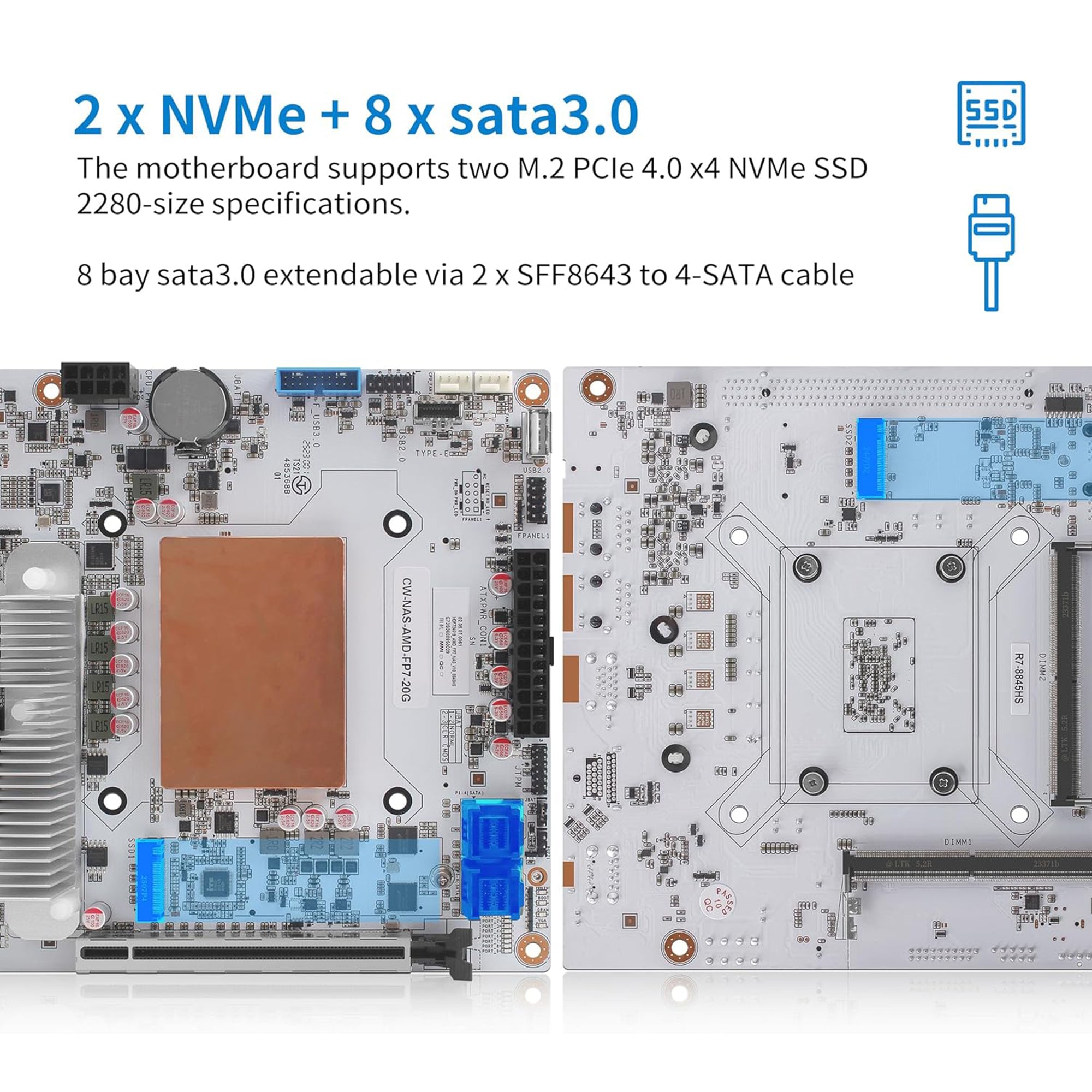 CWWK N7 NAS Motherboard 8 Bay with 2 x 10GbE RJ45 LAN, Ryzen 7 8845HS CPU Mini ITX White PC Mainboard, 2 x NVMe PCIe4.0 x4, USB4 40Gbps, DDR5 32GB RAM 1TB SSD, PCIe x16 Slot