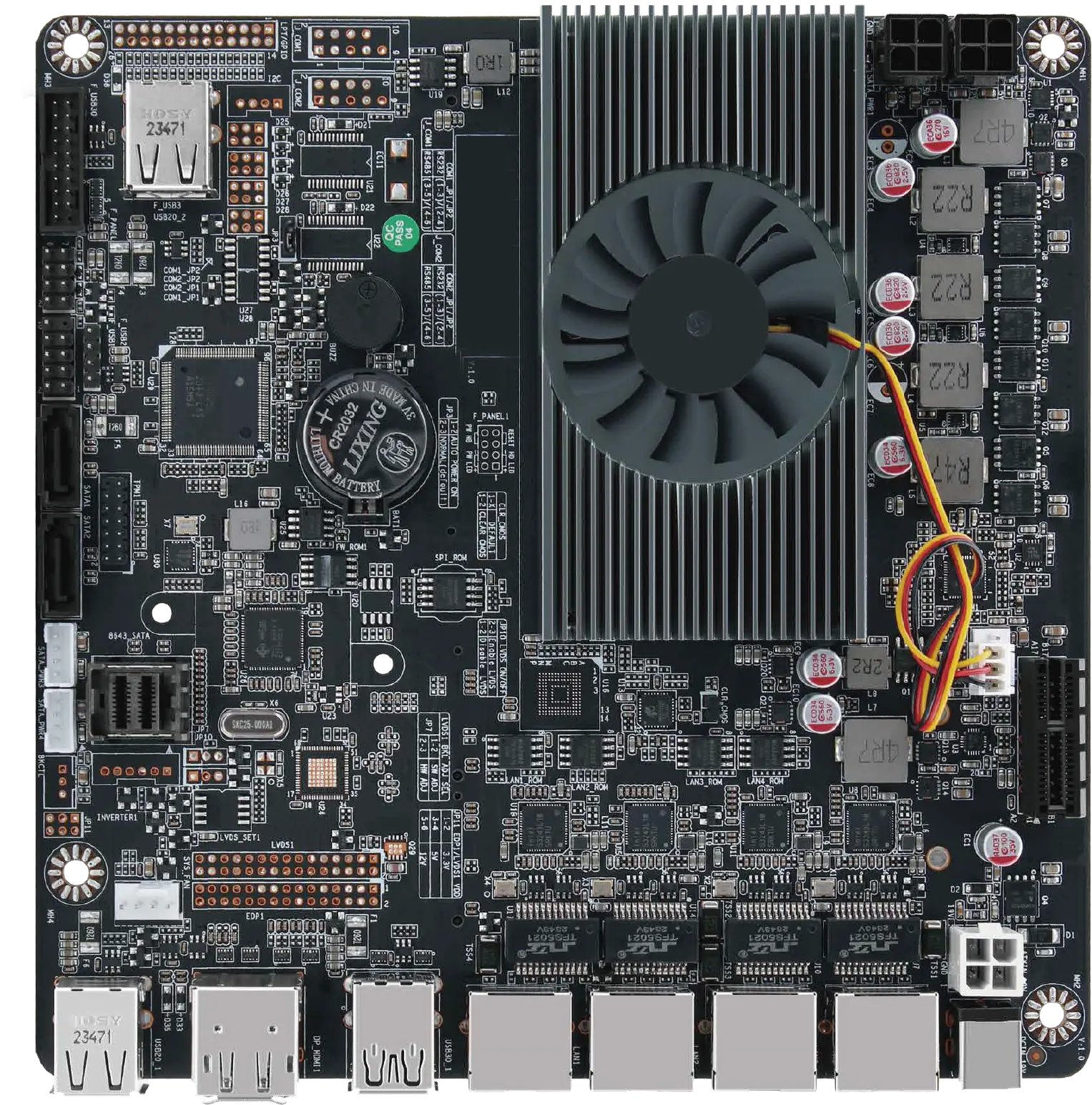 Computer motherboard with various components on a white background