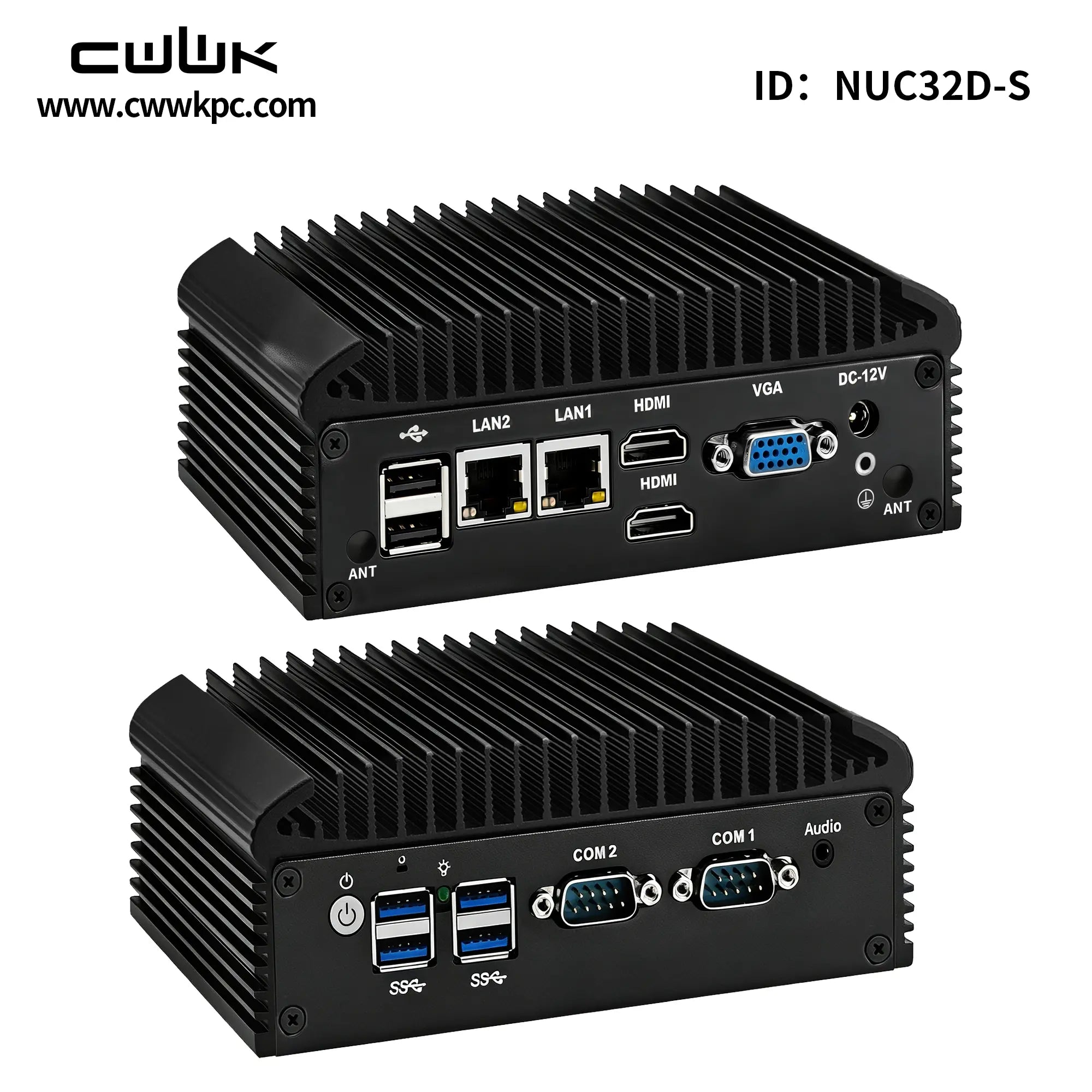 Two black computer cases with various ports on a white background, featuring the CWWK brand.