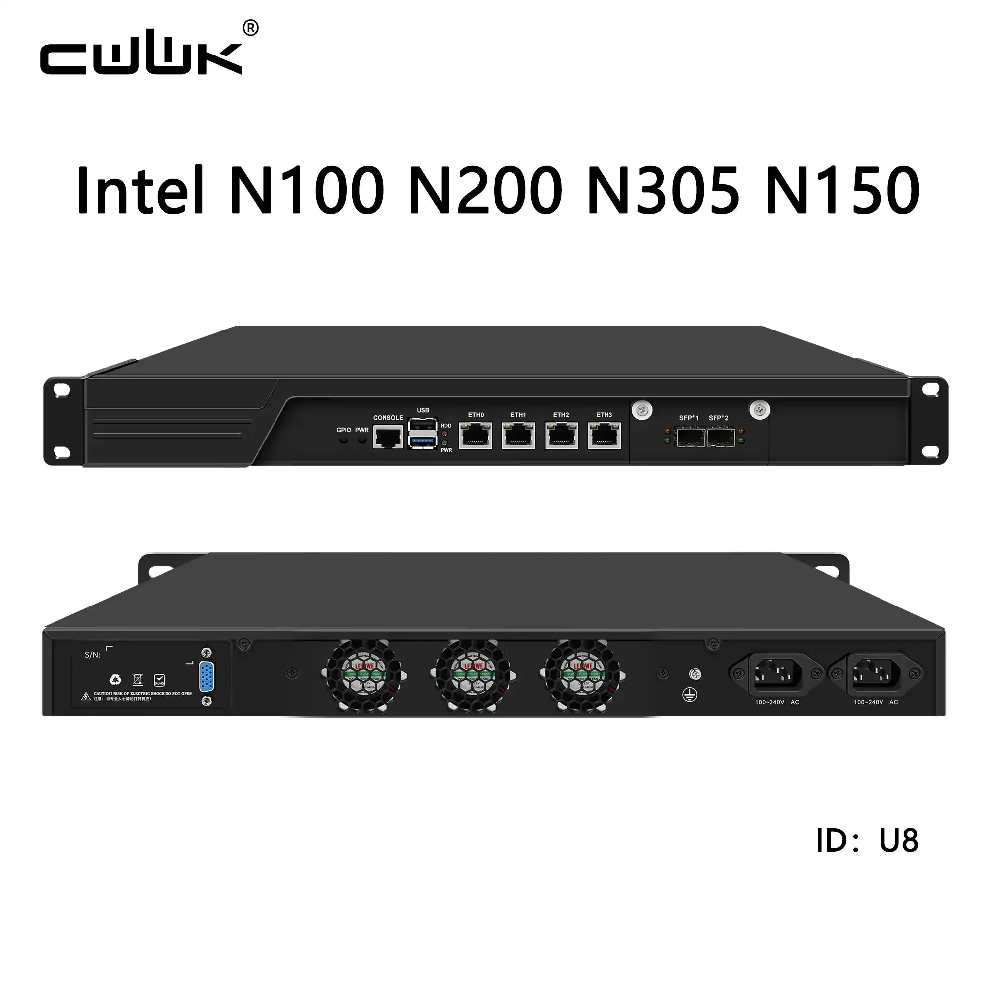 On a white background, there are network devices with specifications of Intel N100, N200, N305, and N150, along with four 2.5gb LAN and two 10gb SFP connections.