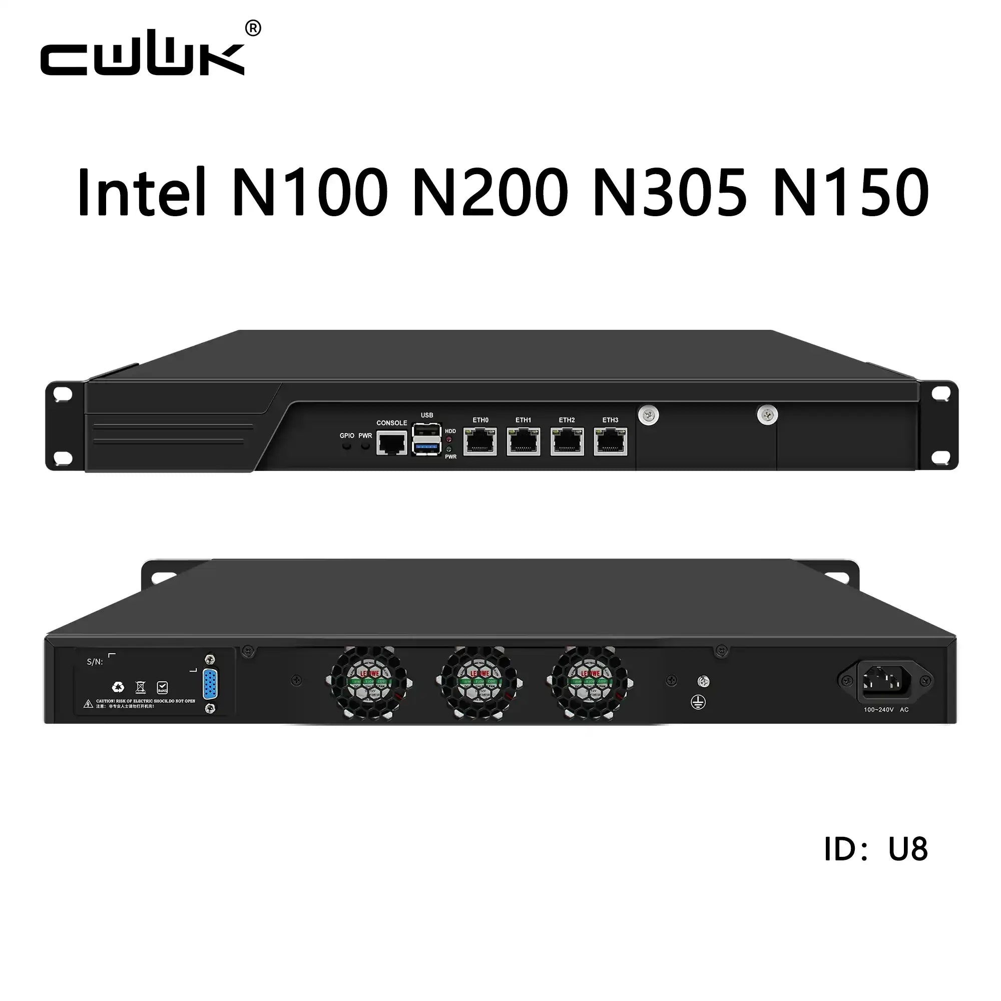 On a white background, there are network devices with specifications of Intel N100, N200, N305, and N150, along with four 2.5gb LAN connections.