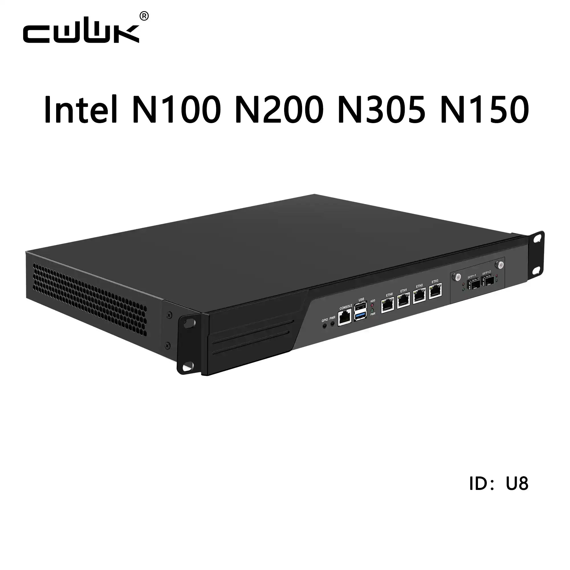 Black network device with Intel processor models on a white background