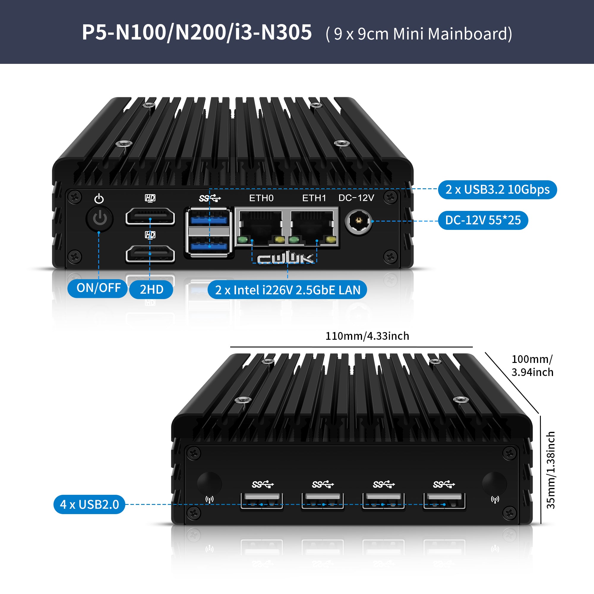 CWWK X86-P5/P2 Mini PC Firewall Hardware for Opnsense Pfsense,Fanless Mini Computer Softer Router Intel N100 N305 Dual Nic 2 Port i226-V 2.5Gbe DDR5
