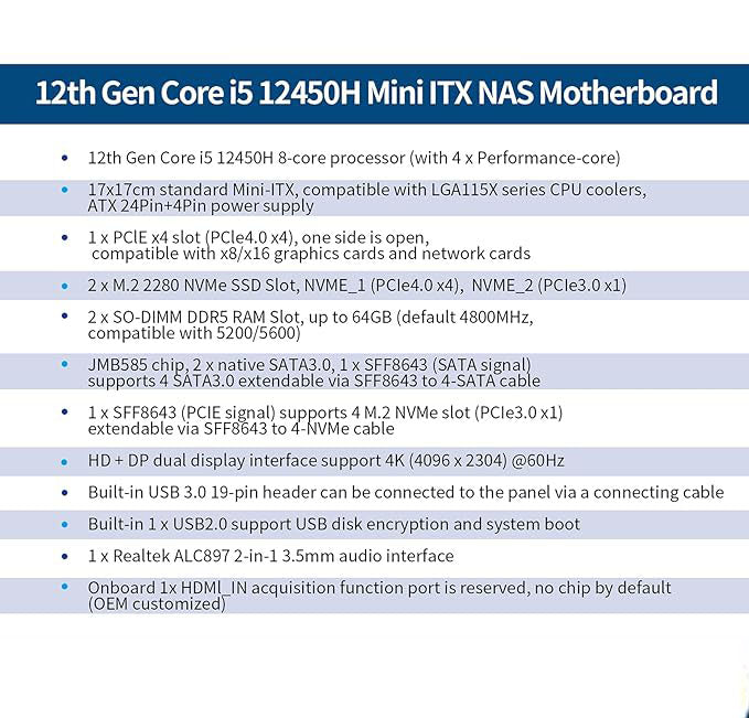 CWWK i5 NAS Mainboard 6 Bay, 6x M.2 NVMe Mini ITX Motherboard Core i5 12450H, DDR5 8GB RAM 128GB SSD PC Motherboards with PCIe4.0×4, 4 Port i226-V 2.5GbE LAN, USB3.2(with Adapter)