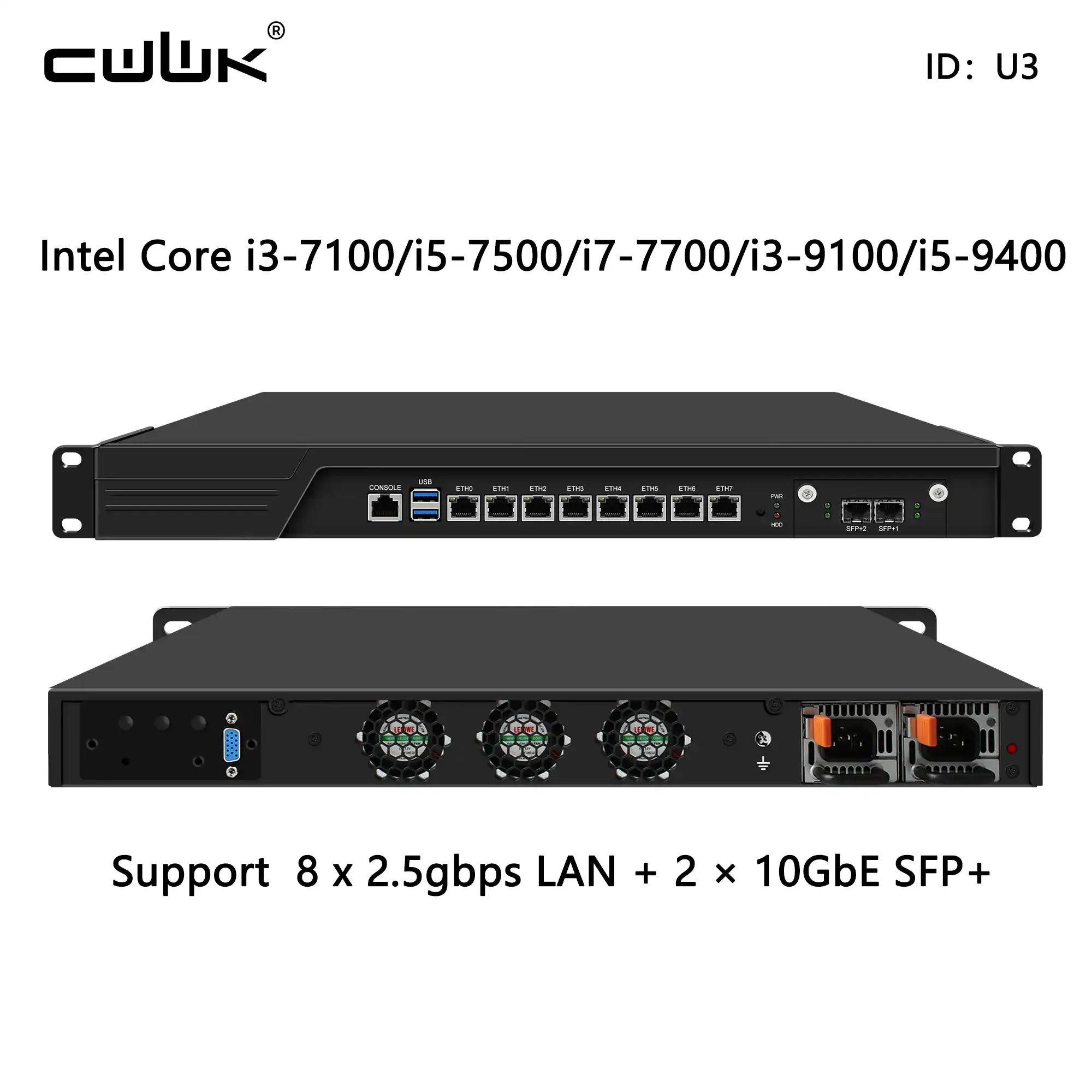 Network switch with specifications on a white background
