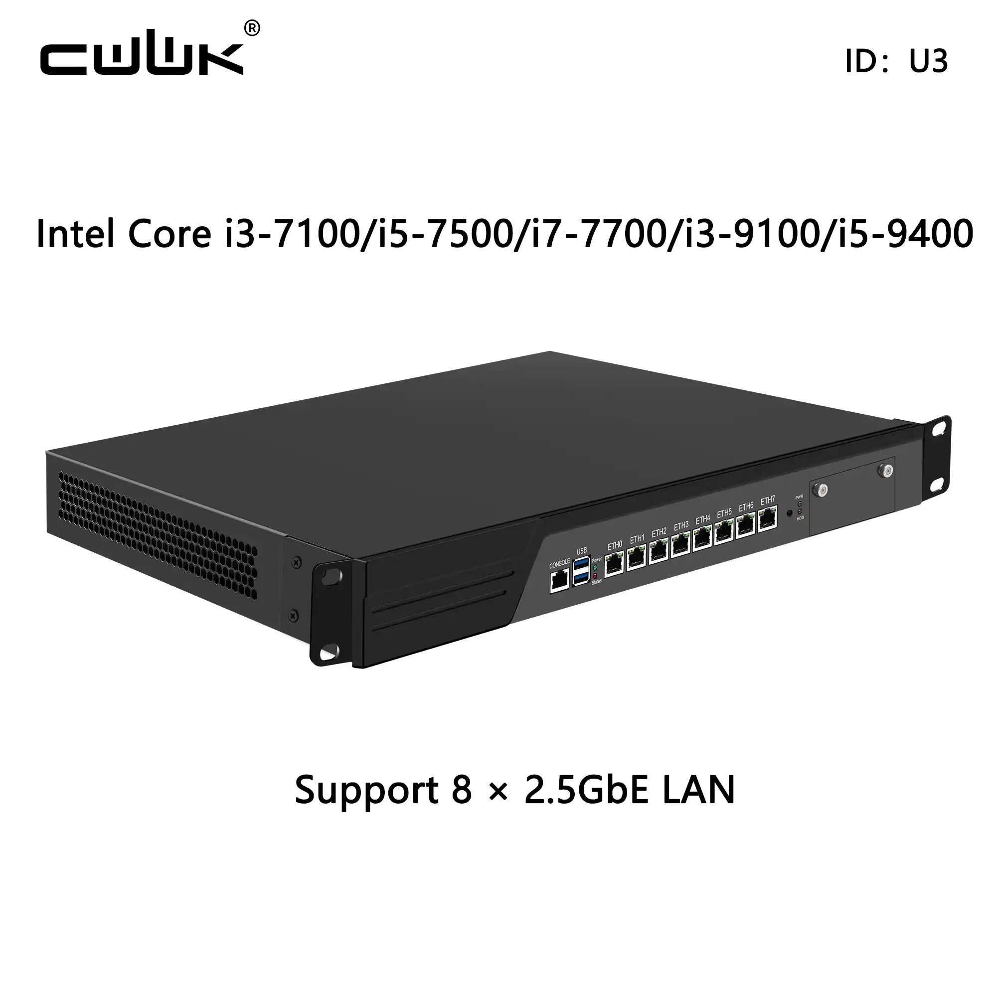 Black network switch with Intel Core i3-i7 processors and 8 x 2.5GbE LAN support on a white background.