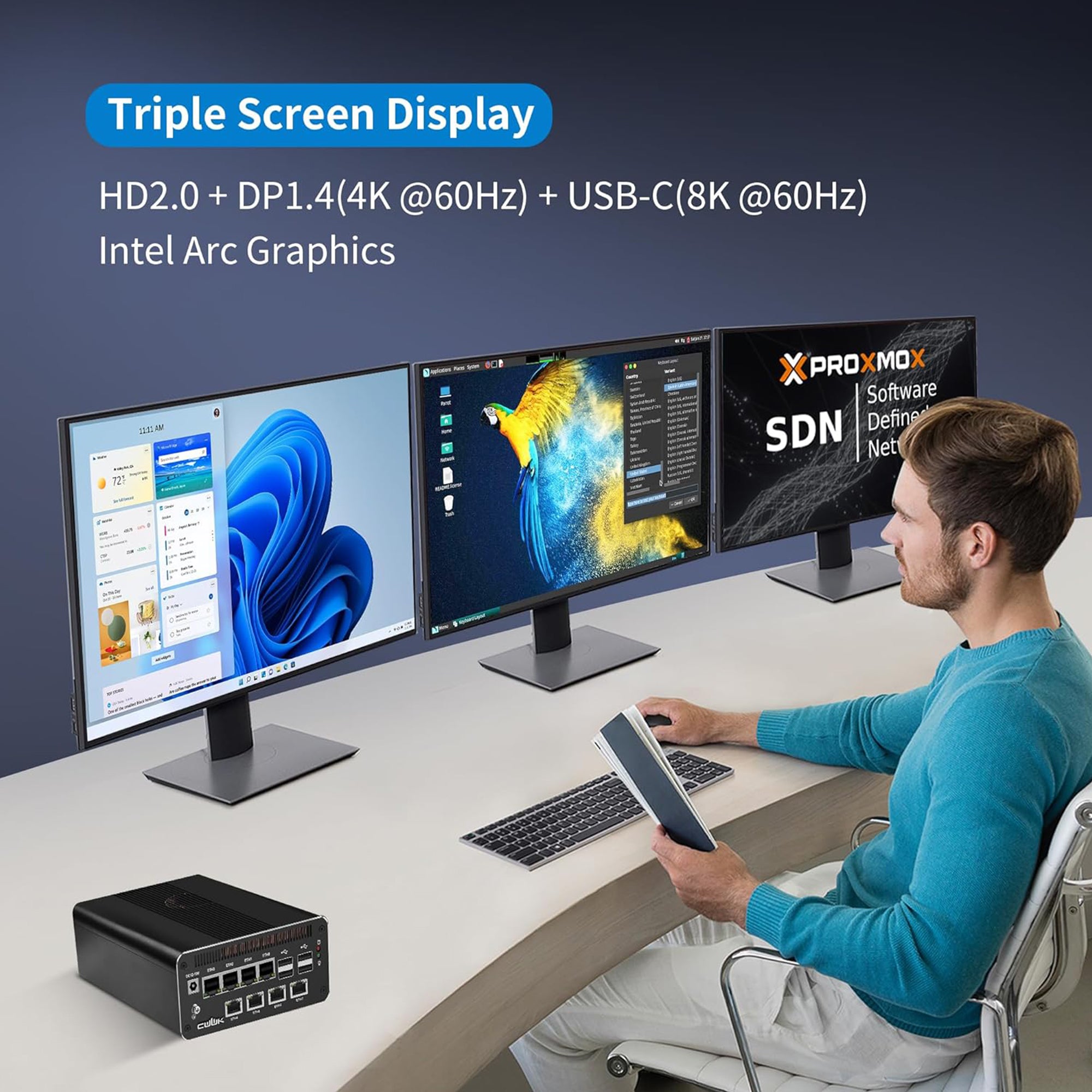 CWWK AI Mini PC Core Ultra 7 155H Firewall Appliance, 8 x 2.5GbE LAN Mini Computer, F28 Linux Server Micro PC, Win11 Pro, DDR5 32GB RAM 1TB NVMe, PCIe4.0 x4, USB4(40Gbps), HD/DP