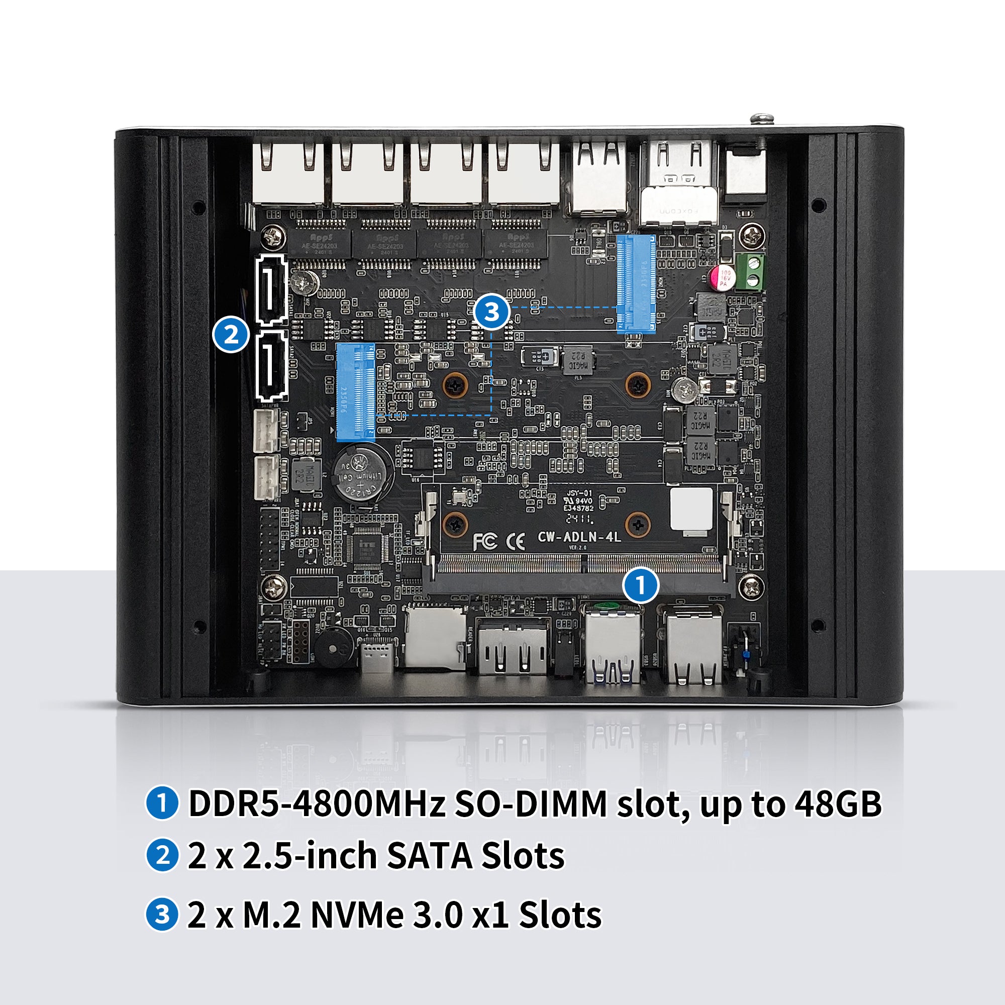 CWWK Fanless Firewall OPNsense, Core 3 N355 Mini PC 4 Port 2.5GbE i226V LAN, Computer Memory Hardware DDR5 8GB RAM 128GB NVMe SSD, USB C, 4K 3 Display, TF, AES-NI