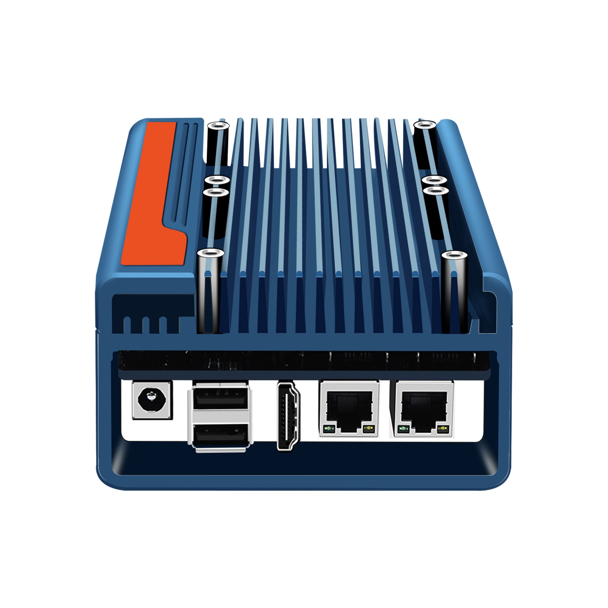 Blue electronic device with ports on a white background