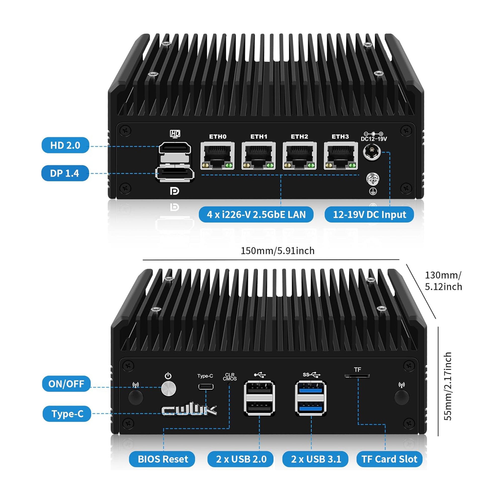 CWWK Mini PC Fanless Ryzen 5 5500U Firewall Appliance, 4 x i226-V 2.5GbE LAN OPNsense Mini Computer, F16 Micro PC 8GB RAM 128GB SSD, 2-NVMe, USB-C, 3-Display, MicroSD, M.2 E-key