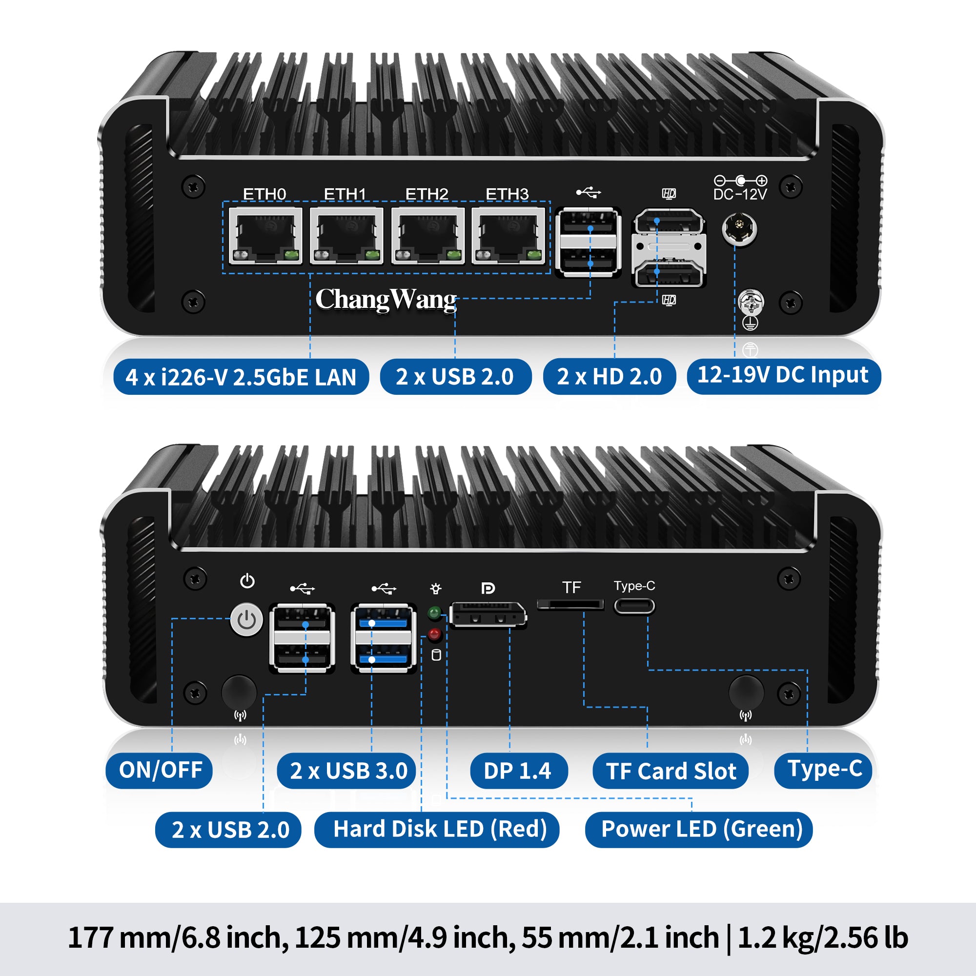 CWWK Fanless Firewall OPNsense, Core 3 N355 Mini PC 4 Port 2.5GbE i226V LAN, Computer Memory Hardware DDR5 8GB RAM 128GB NVMe SSD, USB C, 4K 3 Display, TF, AES-NI