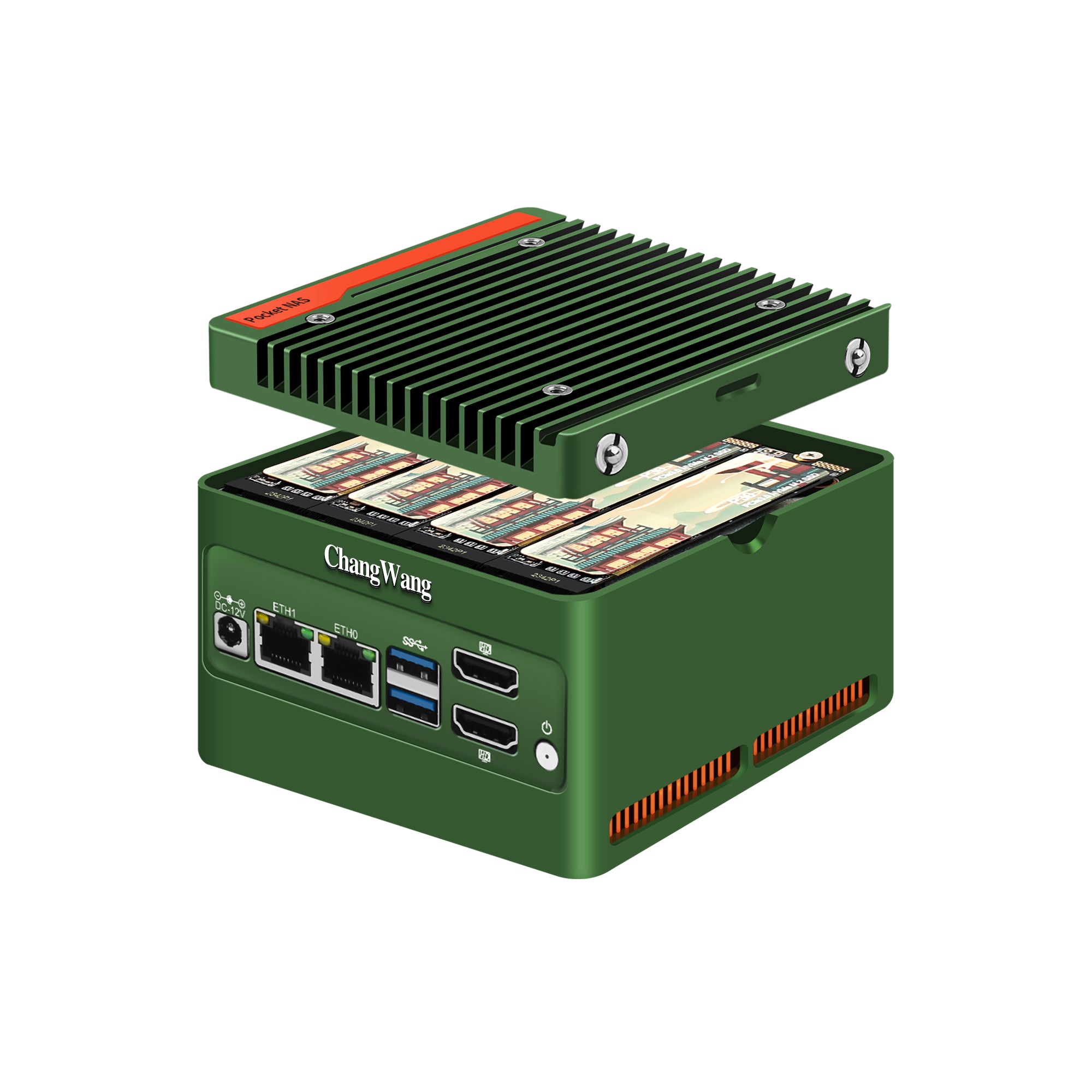 ChangWang 4 Bay NAS Mini PC N100, 4 x NVMe Micro  Computer Network-attached Storage (NAS) Hardware, Dual i226-V 2.5GbE LAN Small NAS PC with USB3.2, DDR5 8GB RAM 128GB SSD