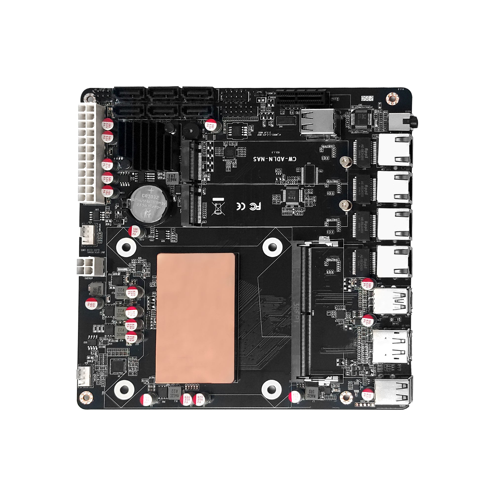 ChangWang Low Power Motherboards N100 6 Bay SATA3.0, NAS Mini ITX Mainboard with 4 Port i226V 2.5GbE LAN, Soft Router Board Barebone DDR5 with Dual M.2 NVMe