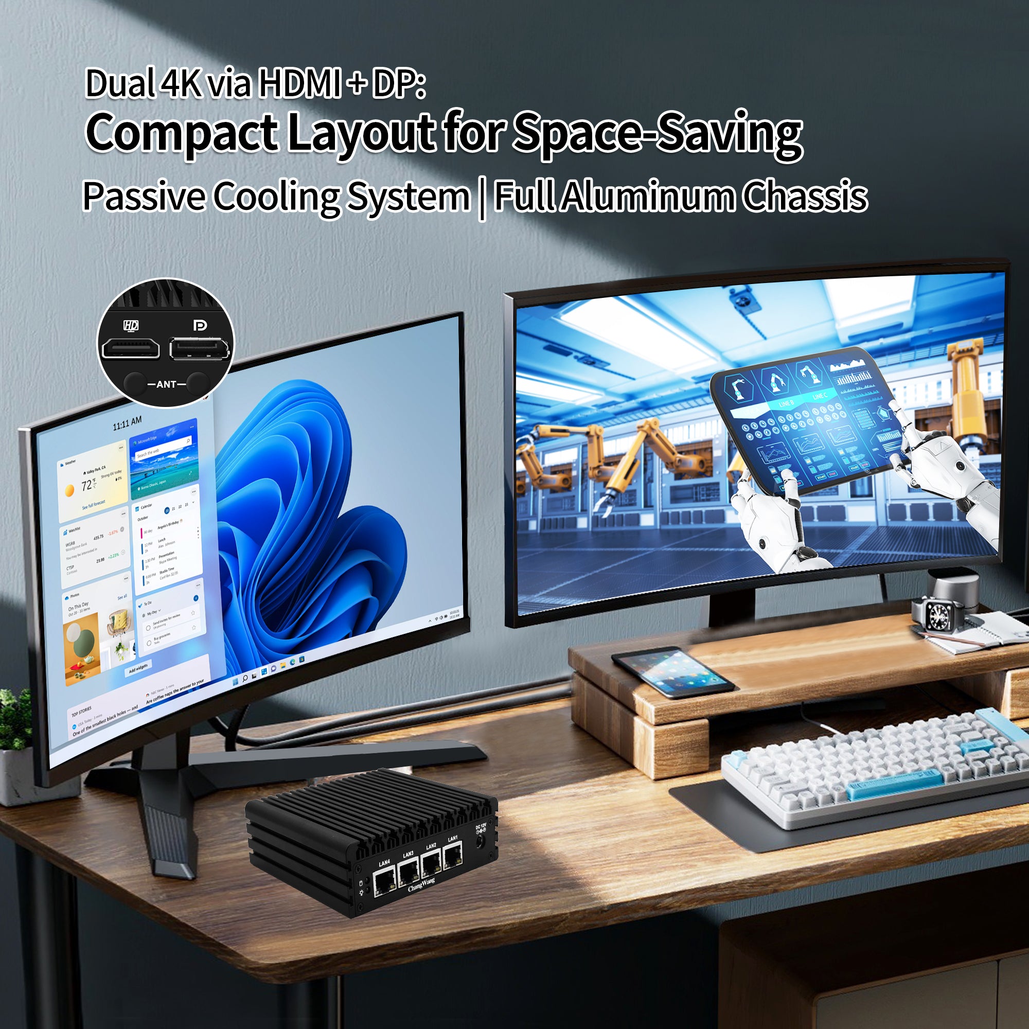 CWWK J3710 Fanless Microcomputers, 4X 2.5GbE LAN, OPNsense Mini Firewall Appliance Dual 4K HD/DP, Desktop Compact PC RJ45 COM Slot, 2 x USB3.0, Barebone for Home Office