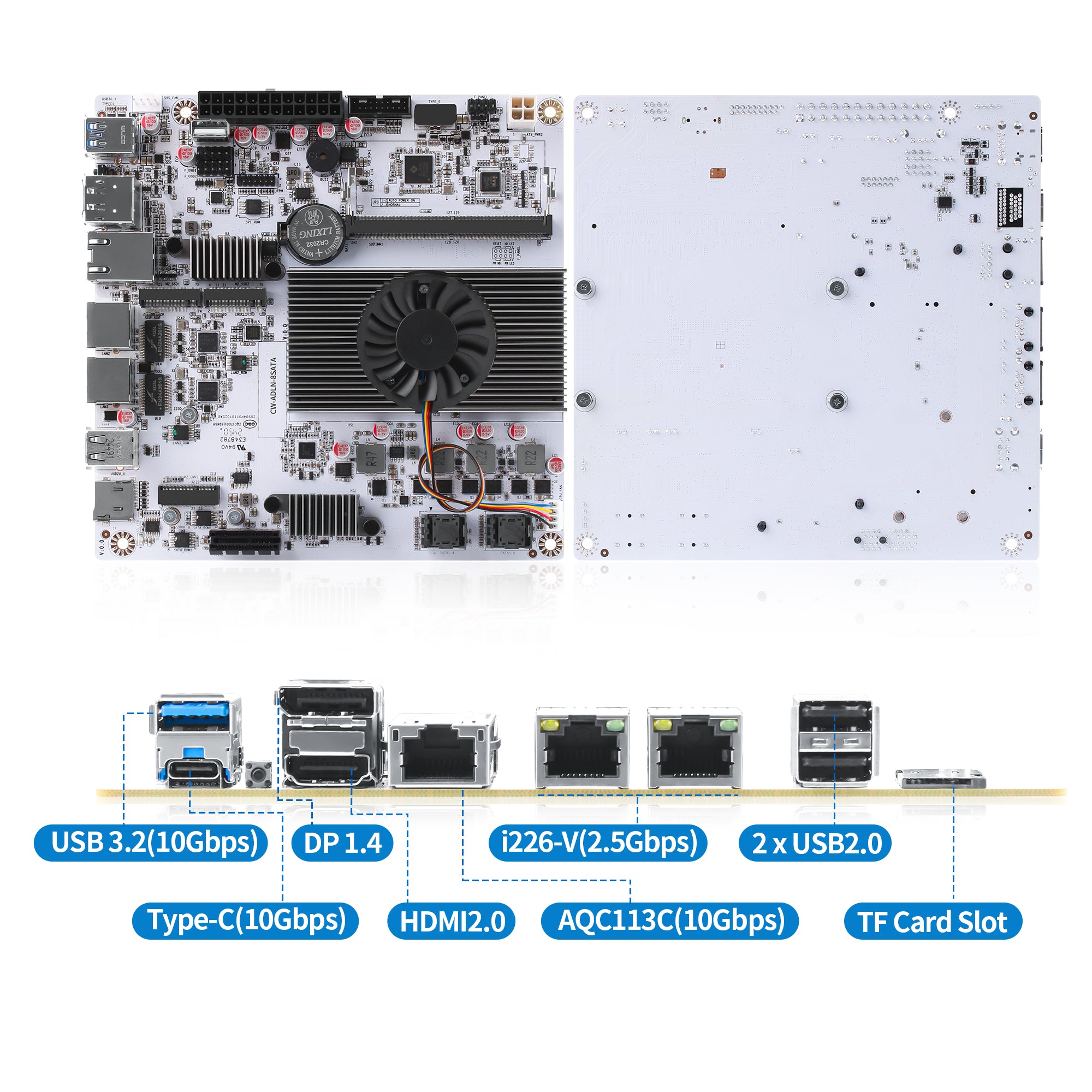 CWWK NAS Motherboard 8 Bay with 10GbE RJ45 LAN, N150 CPU Mini ITX PC Motherboard White M8 (N100 Upgrade), 2 x NVMe, Dual 2.5Gb Ethernet, M.2 WiFi, USB-C, DDR5 , PCIe x1, TF (Optional 2X 4-SATA Cable)