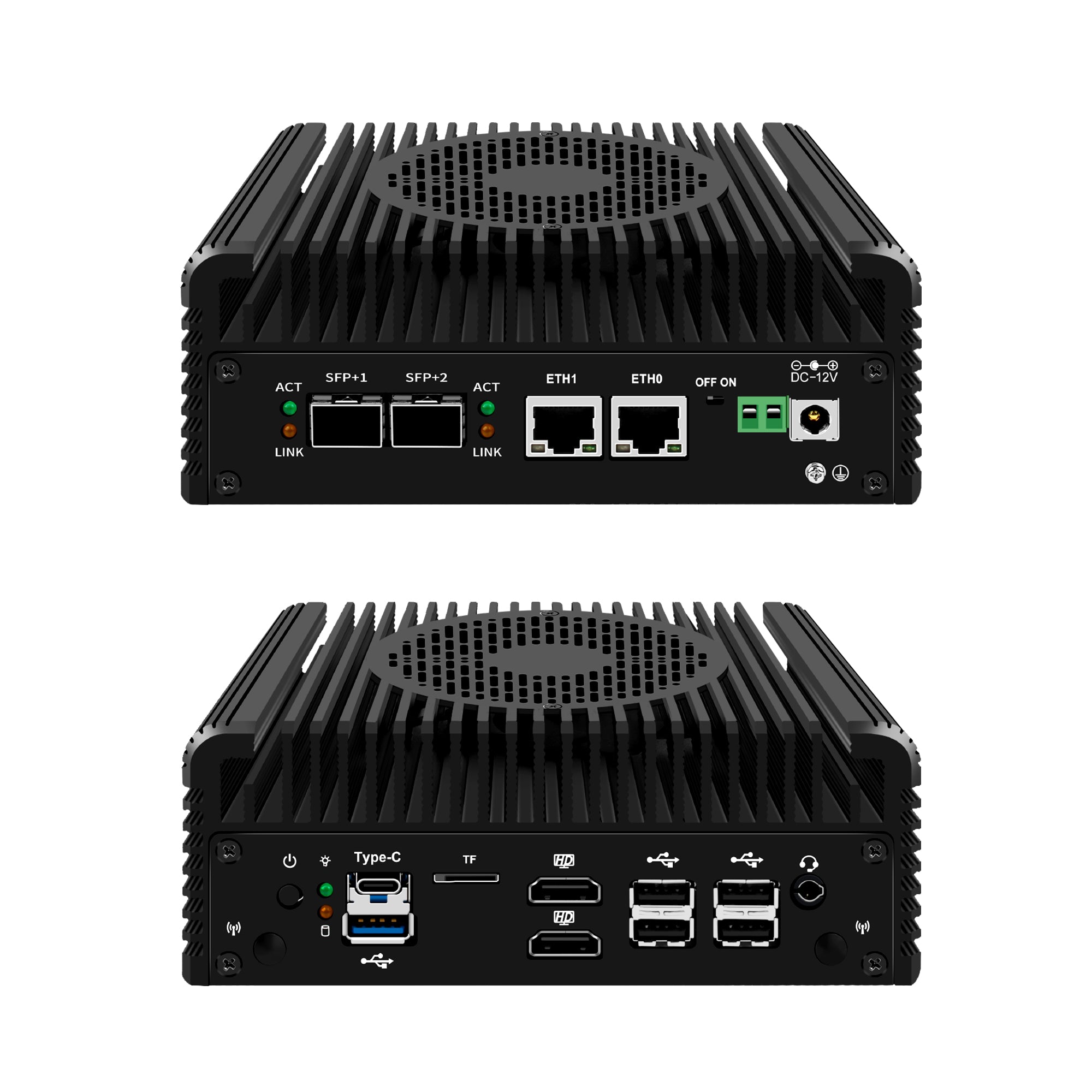 CWWK S2 N150 N355 Mini PC Firewall Appliance, 2 x 10GbE SFP+ Mini Computer with 2 x i226-V 2.5GbE LAN, OPNsense Micro PC DDR5 16GB RAM 512GB NVMe SSD, USB-C, TF, Dual 4K Display, AES-NI