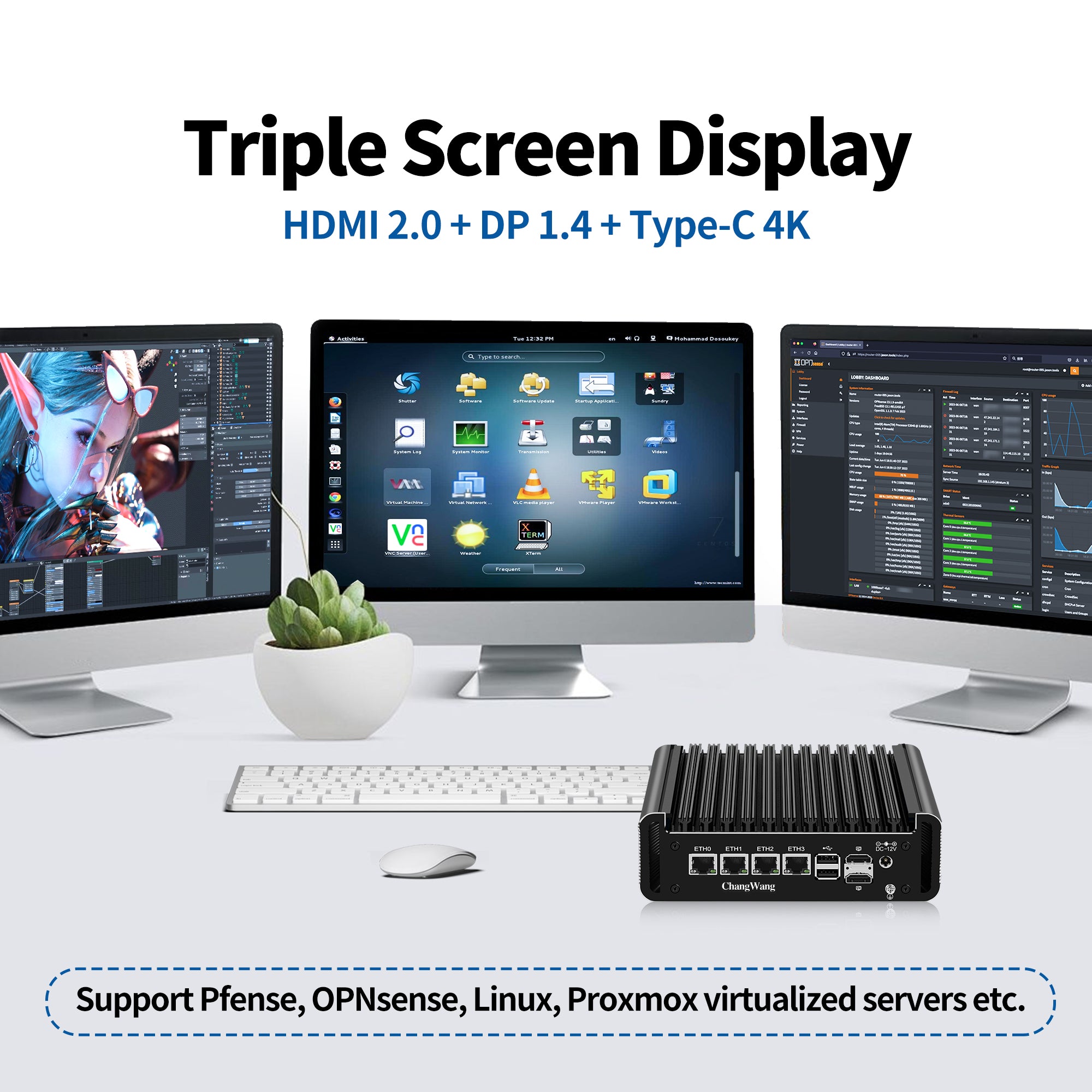 CWWK Fanless Firewall OPNsense, Core 3 N355 Mini PC 4 Port 2.5GbE i226V LAN, Computer Memory Hardware DDR5 8GB RAM 128GB NVMe SSD, USB C, 4K 3 Display, TF, AES-NI